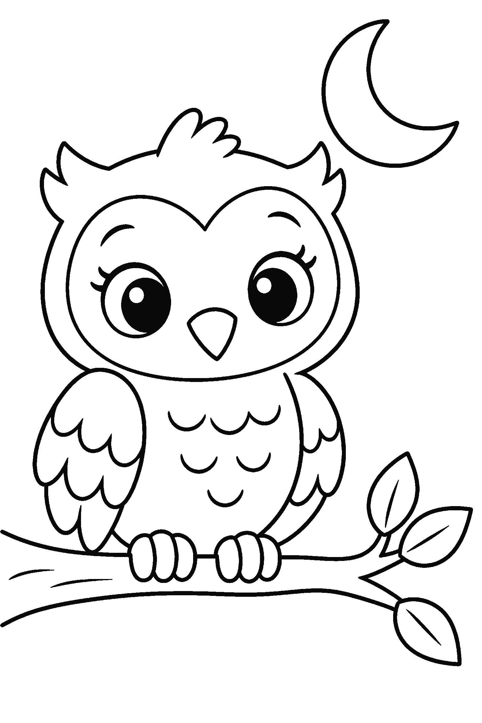 Coloring page of a cute owl on a branch with the moon