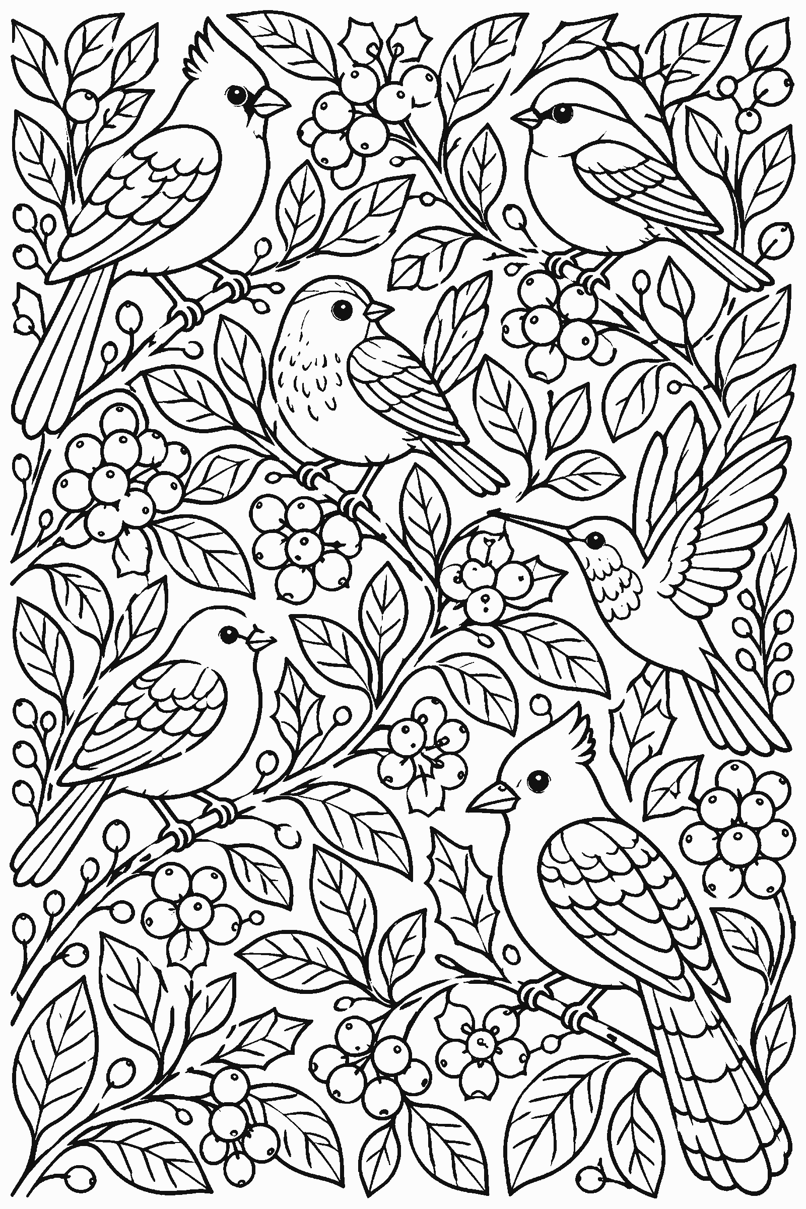 Coloring page of a full-page pattern of birds, leaves and berries
