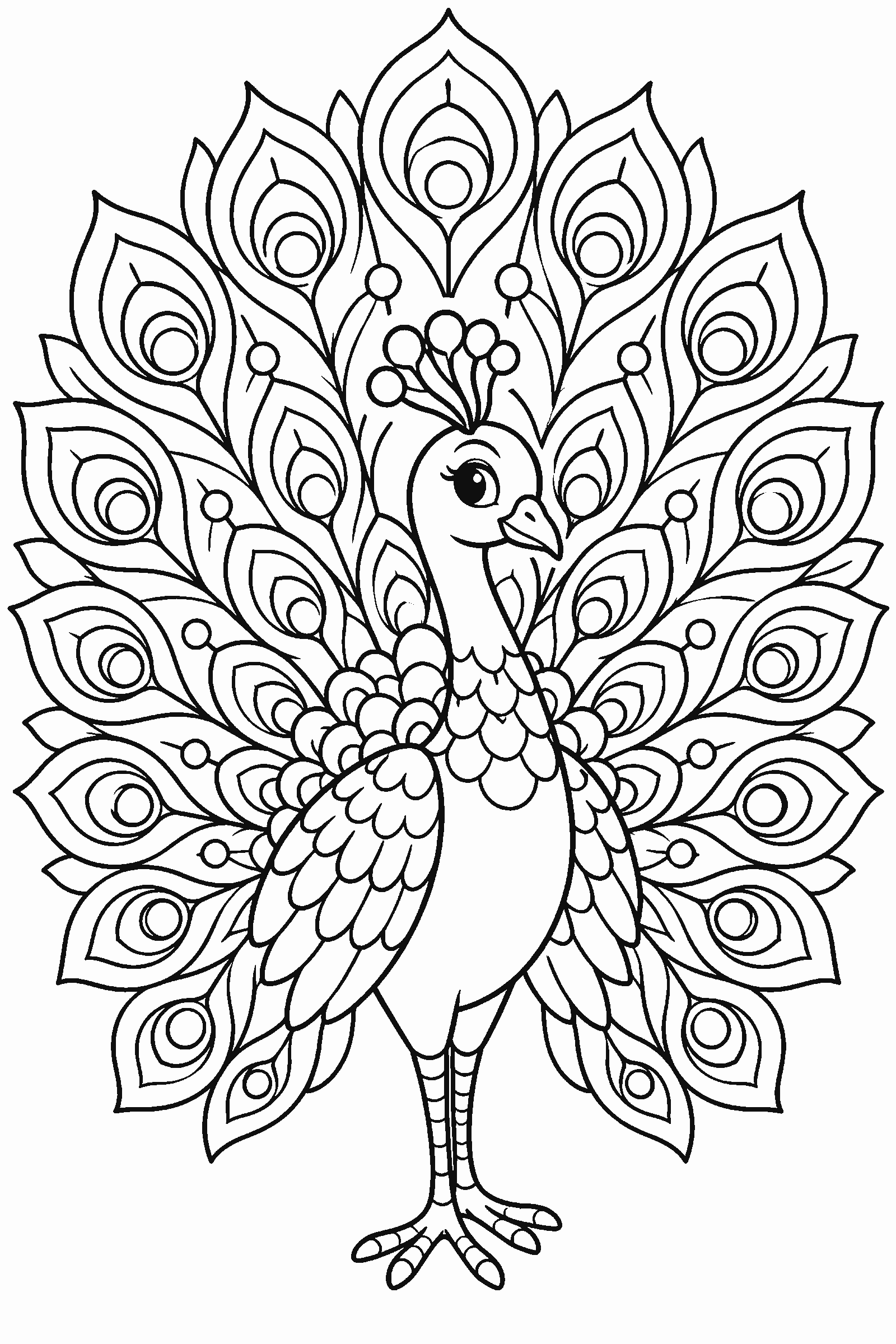 Coloring page of a detailed peacock with an open tail