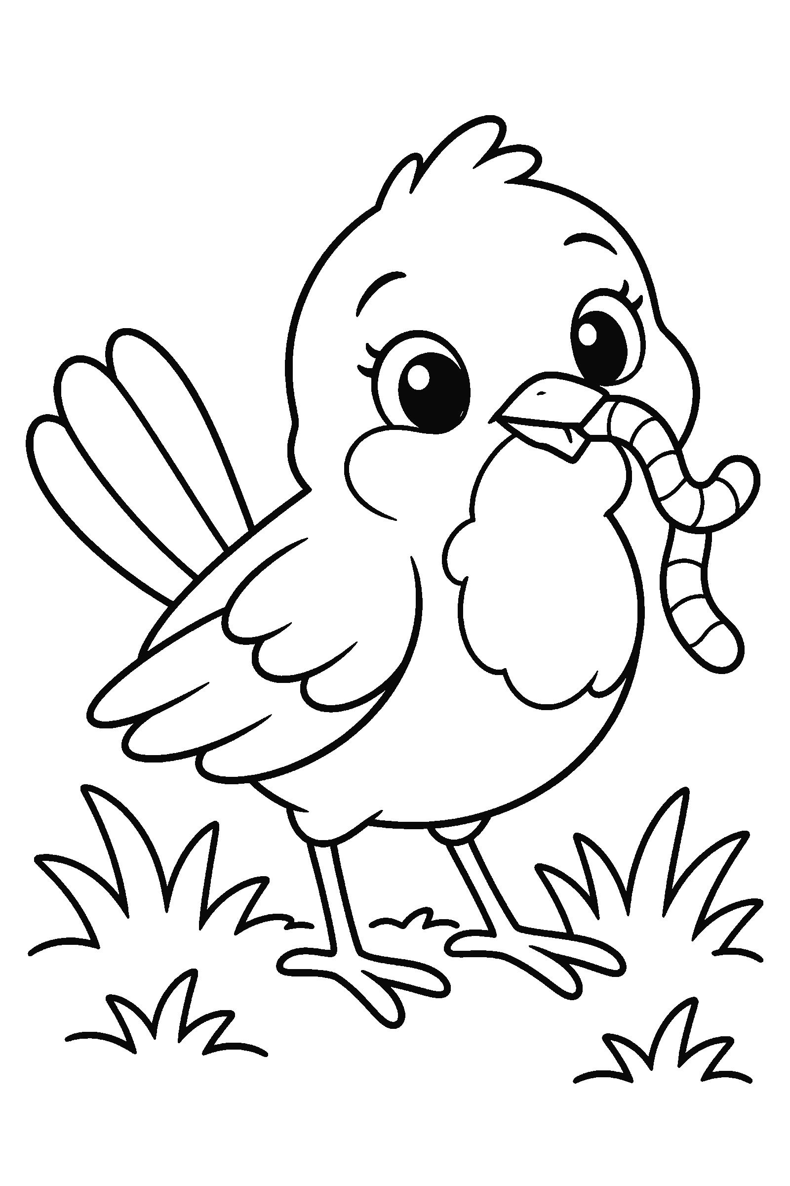 Coloring page of a robin with a worm in the grass