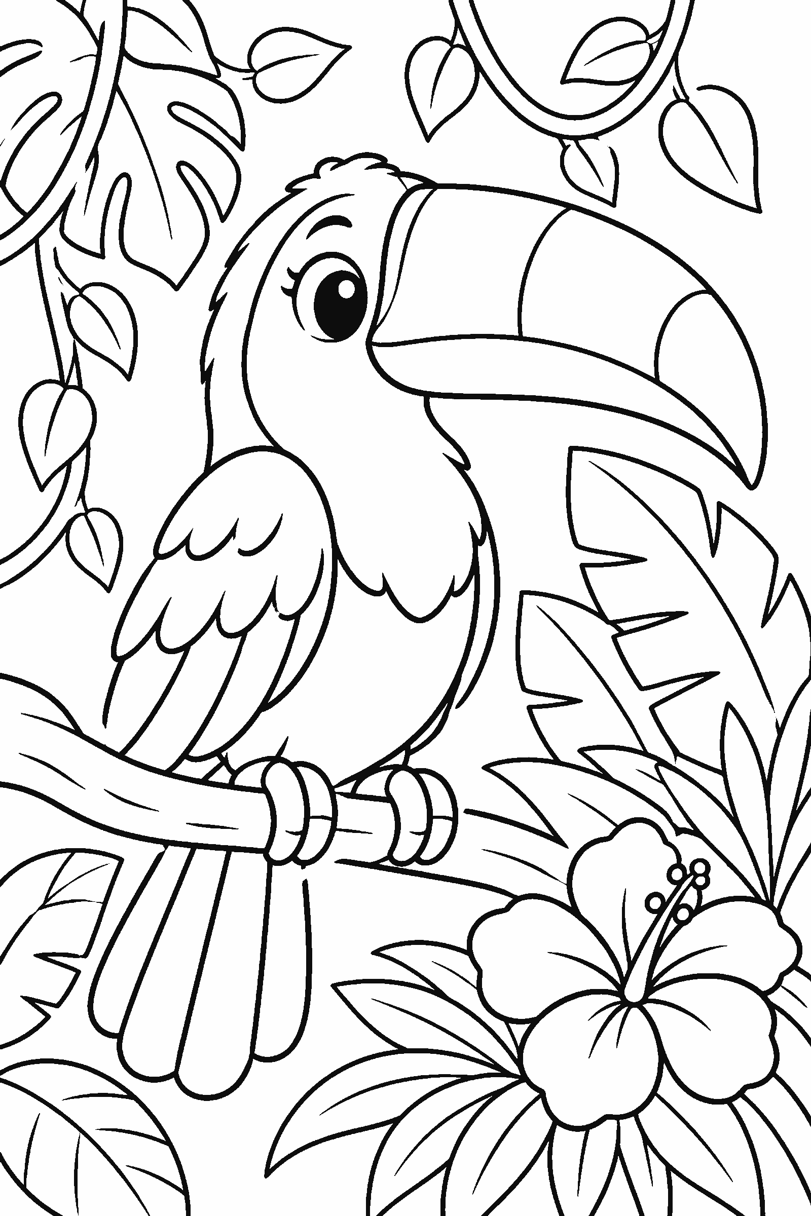 Coloring page of a toucan in a rainforest