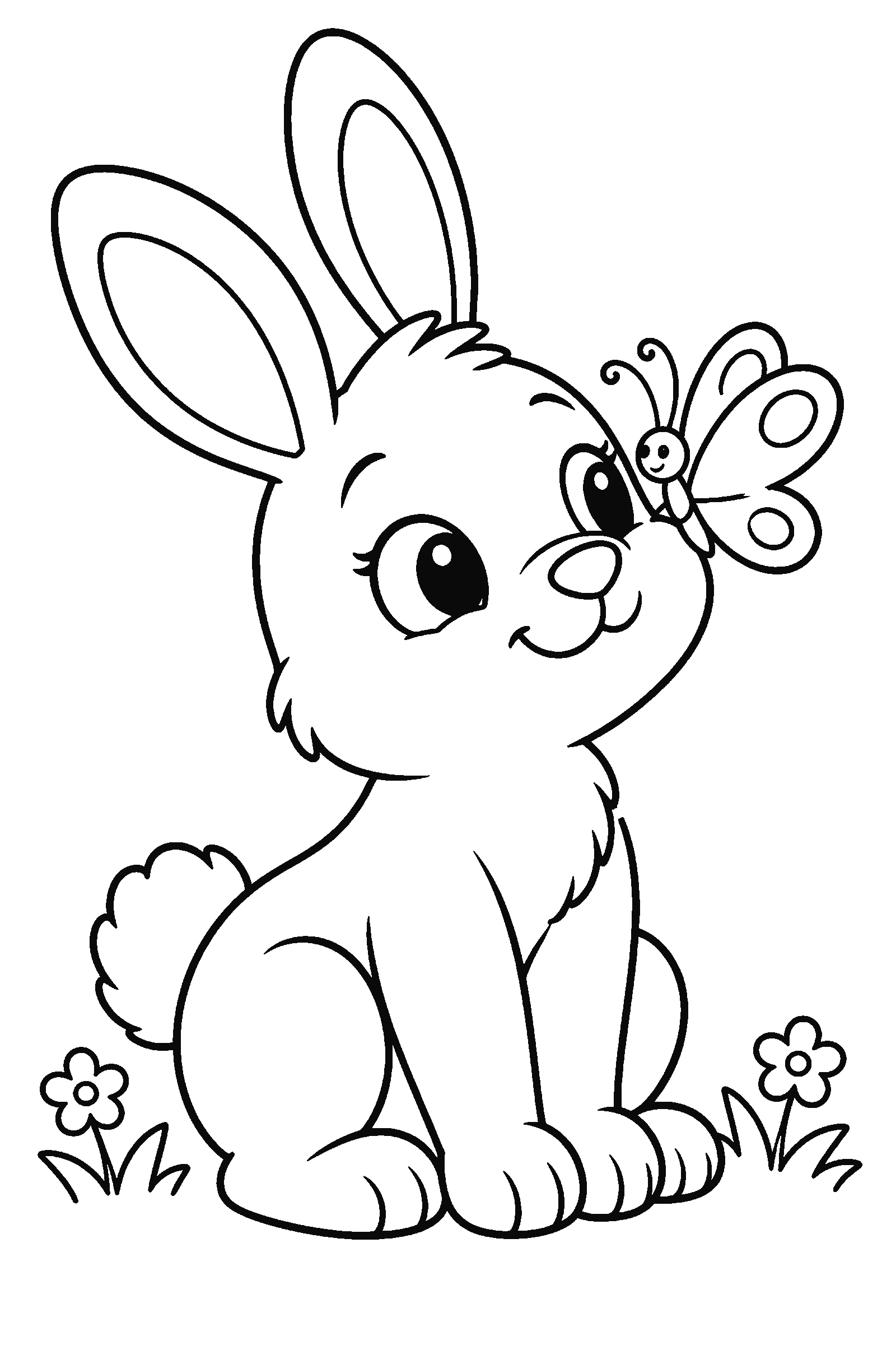Coloring page of a bunny looking at a butterfly on its nose