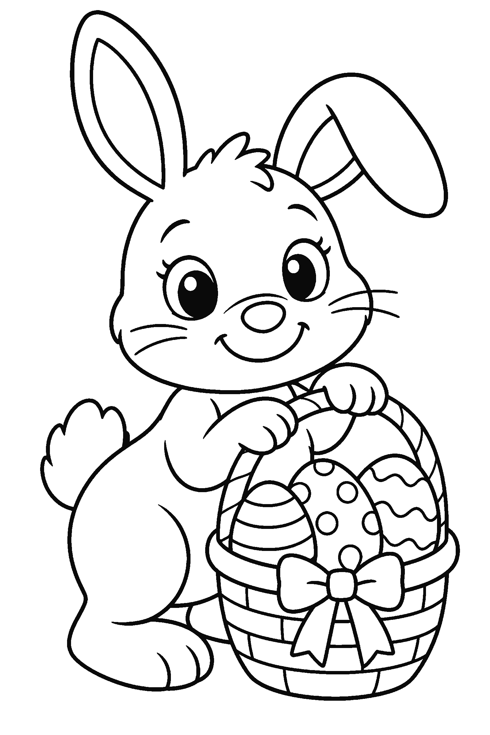 Coloring page of a bunny with a basket of decorated eggs