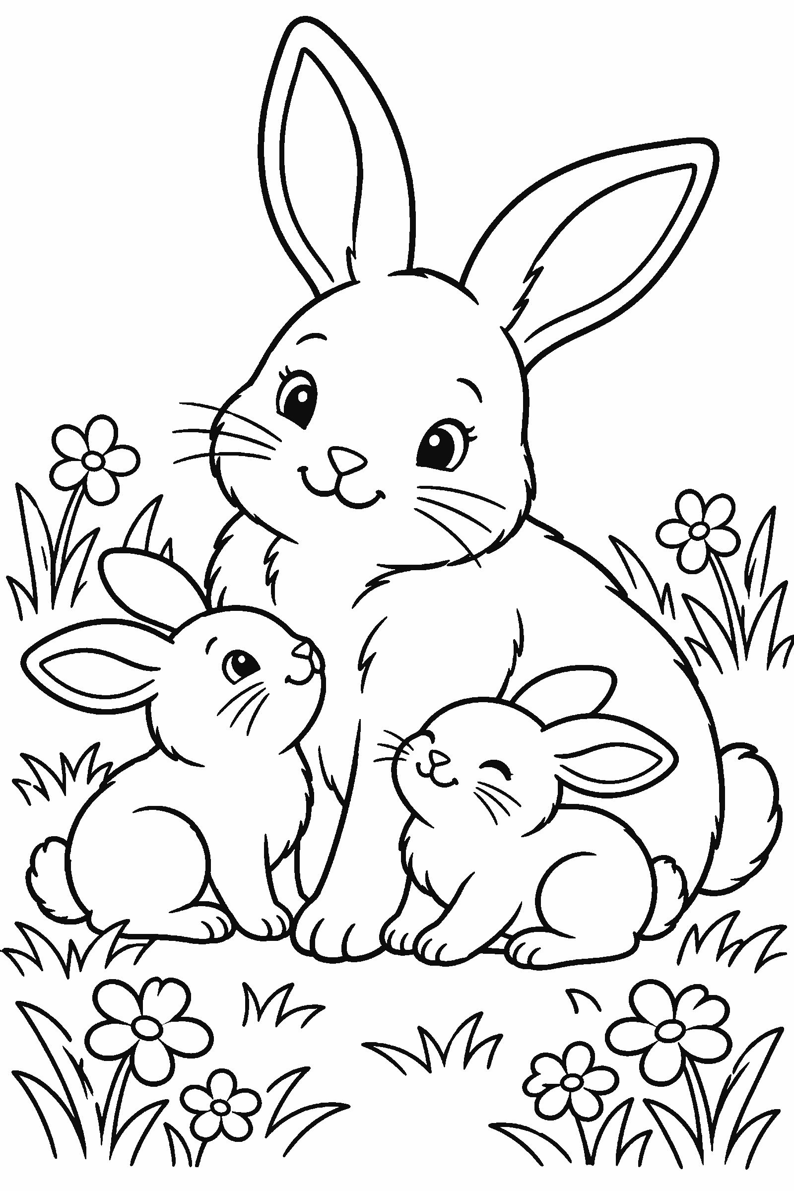 Coloring page of a mother bunny with two baby bunnies