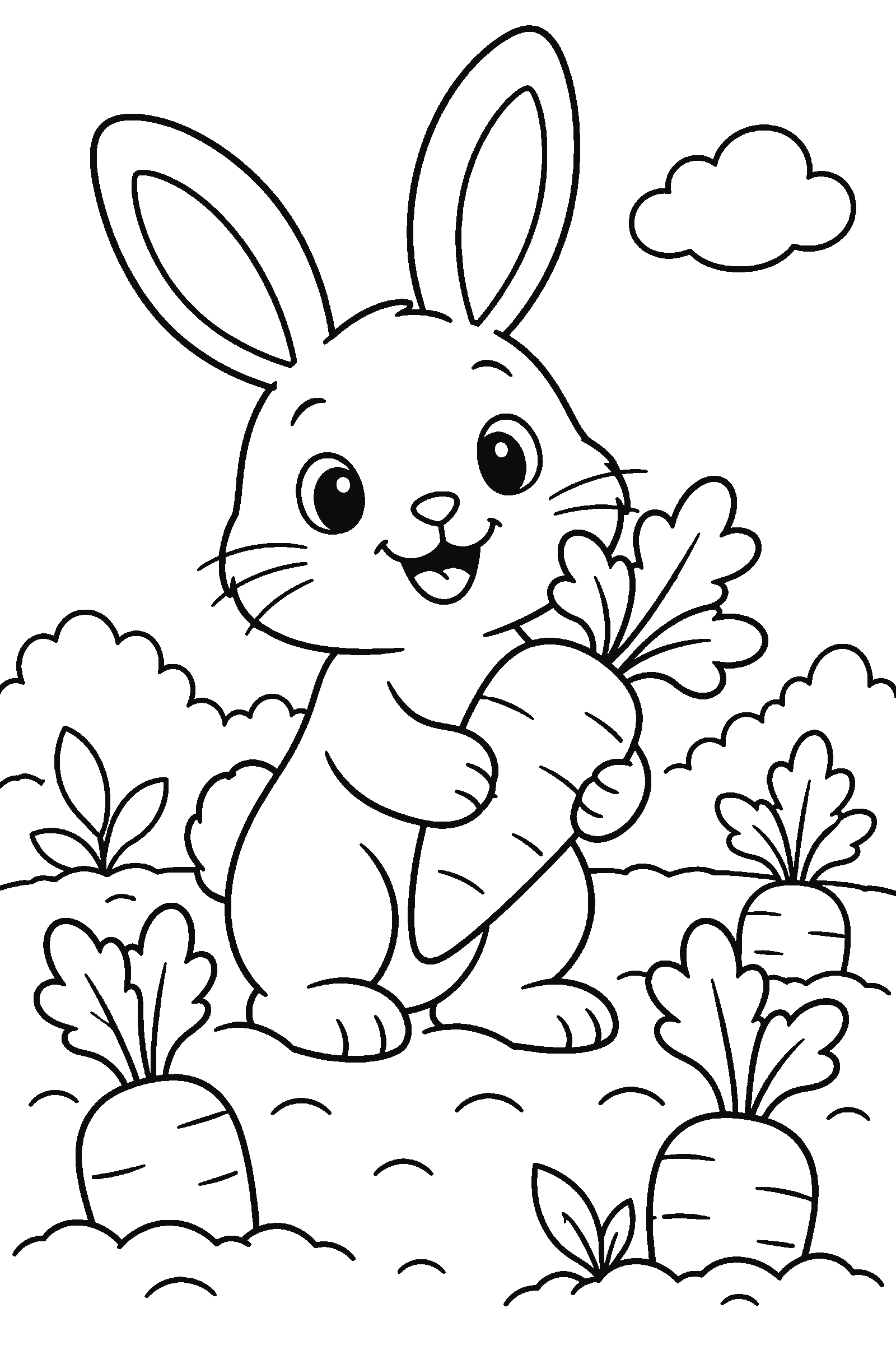 Coloring page of a bunny in a carrot garden