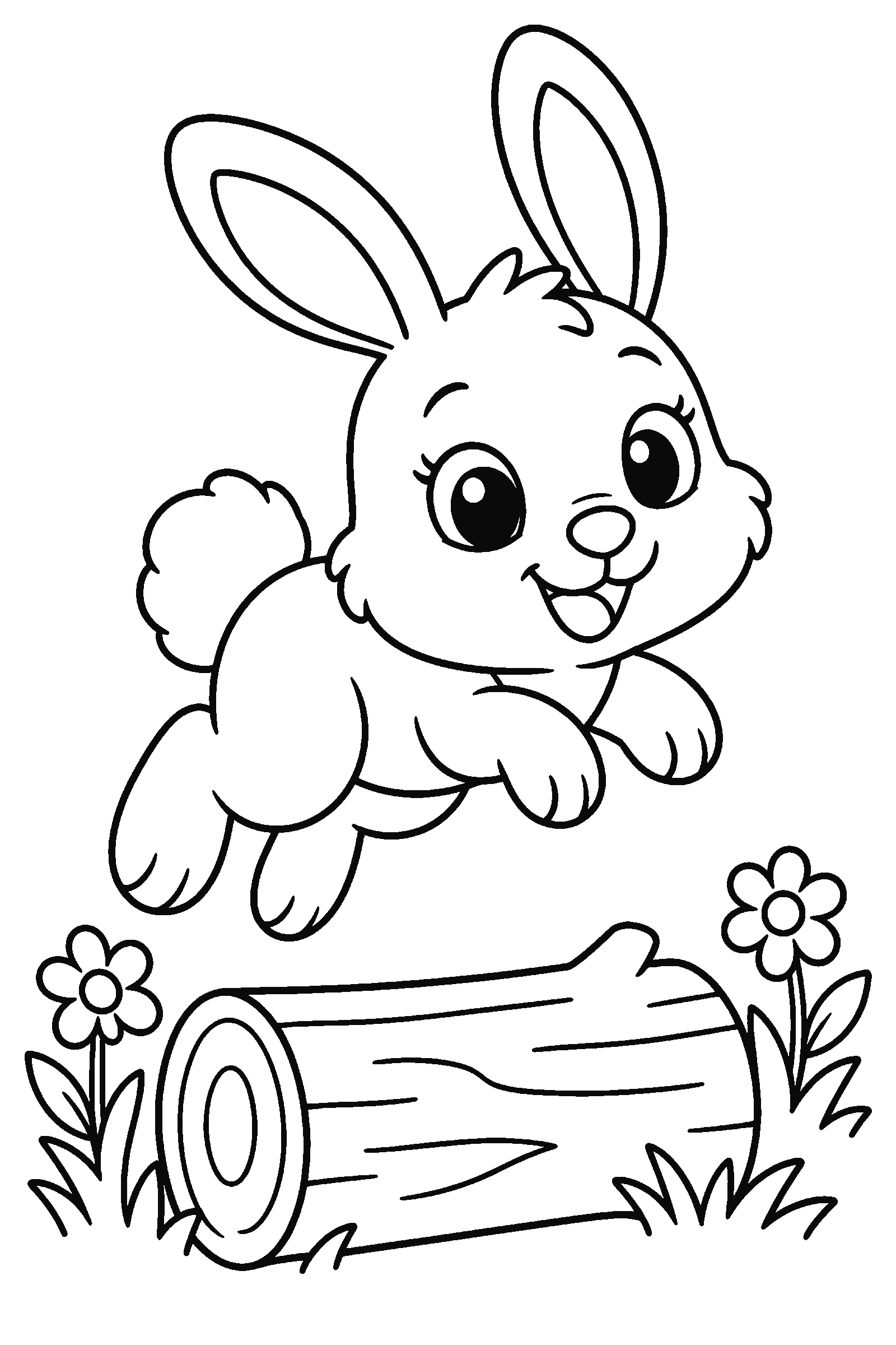 Coloring page of a bunny hopping over a log
