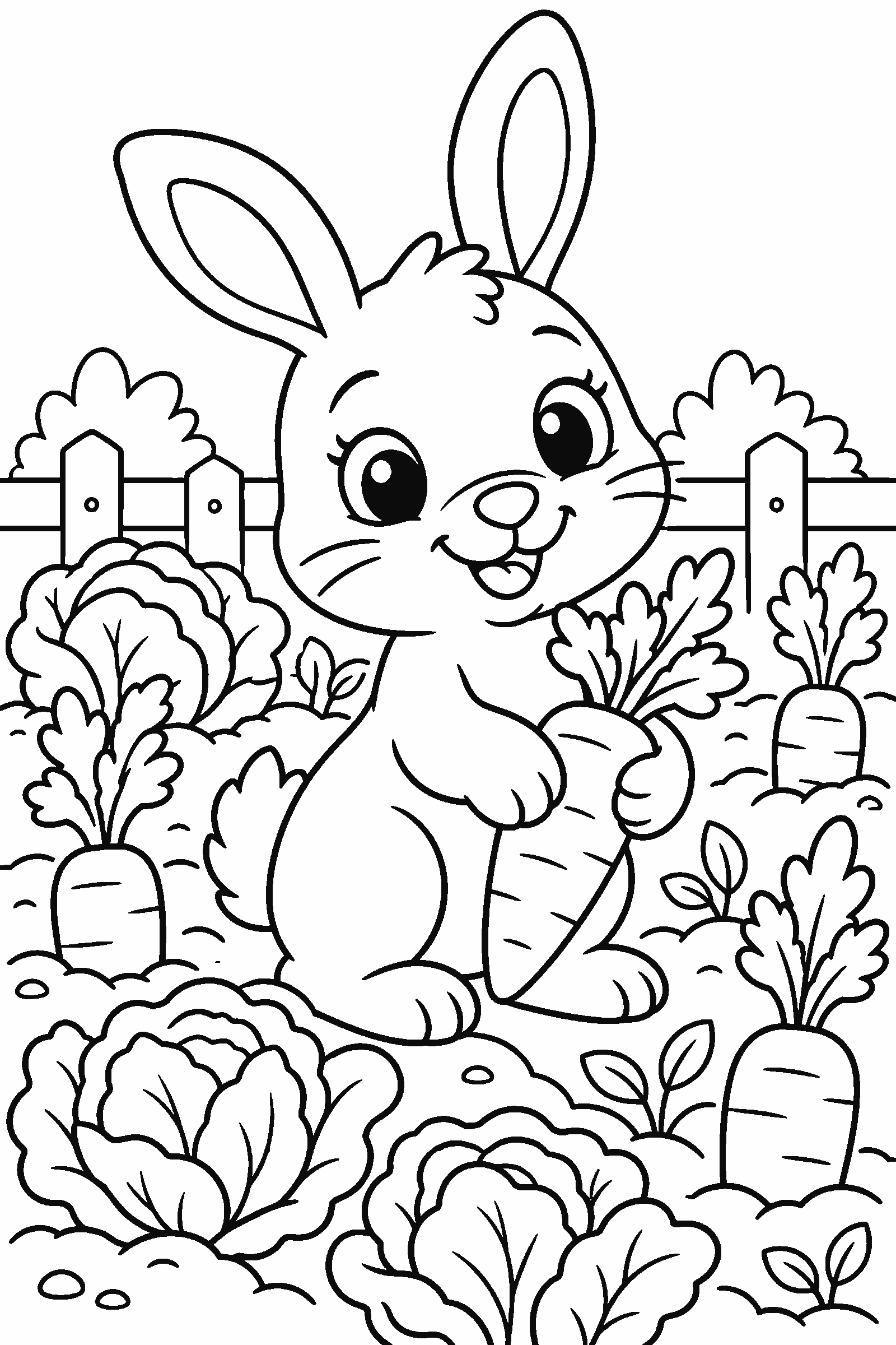Coloring page of a bunny in a vegetable garden with lettuce and carrots