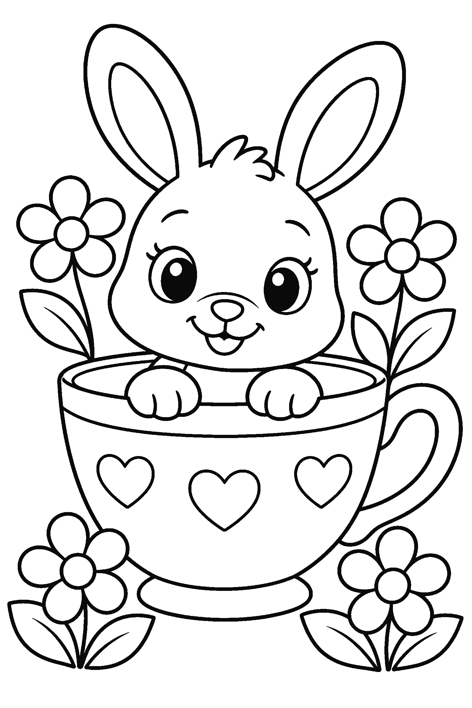 Coloring page of a bunny sitting in a teacup with flowers