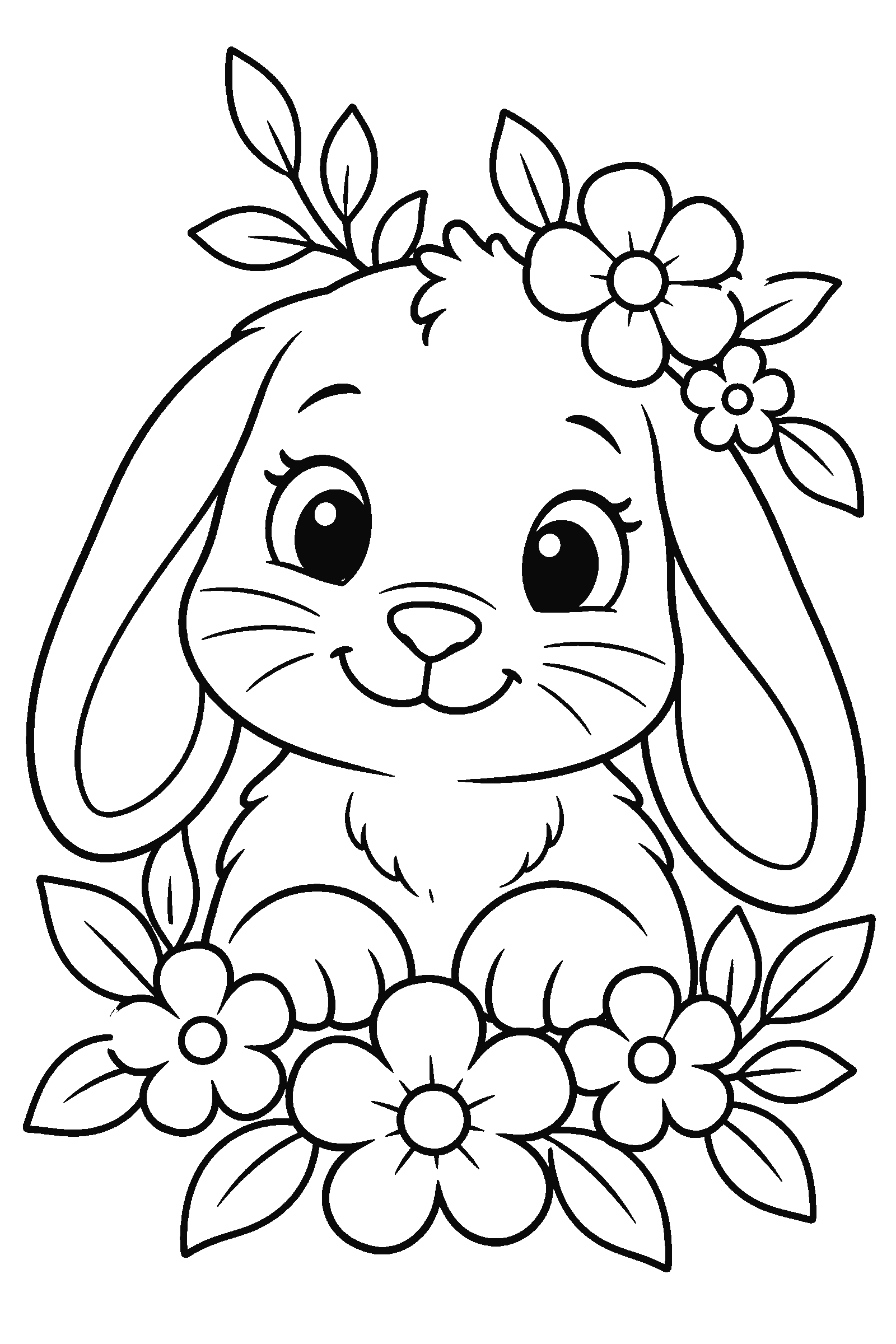 Coloring page of a lop-eared bunny portrait with flowers