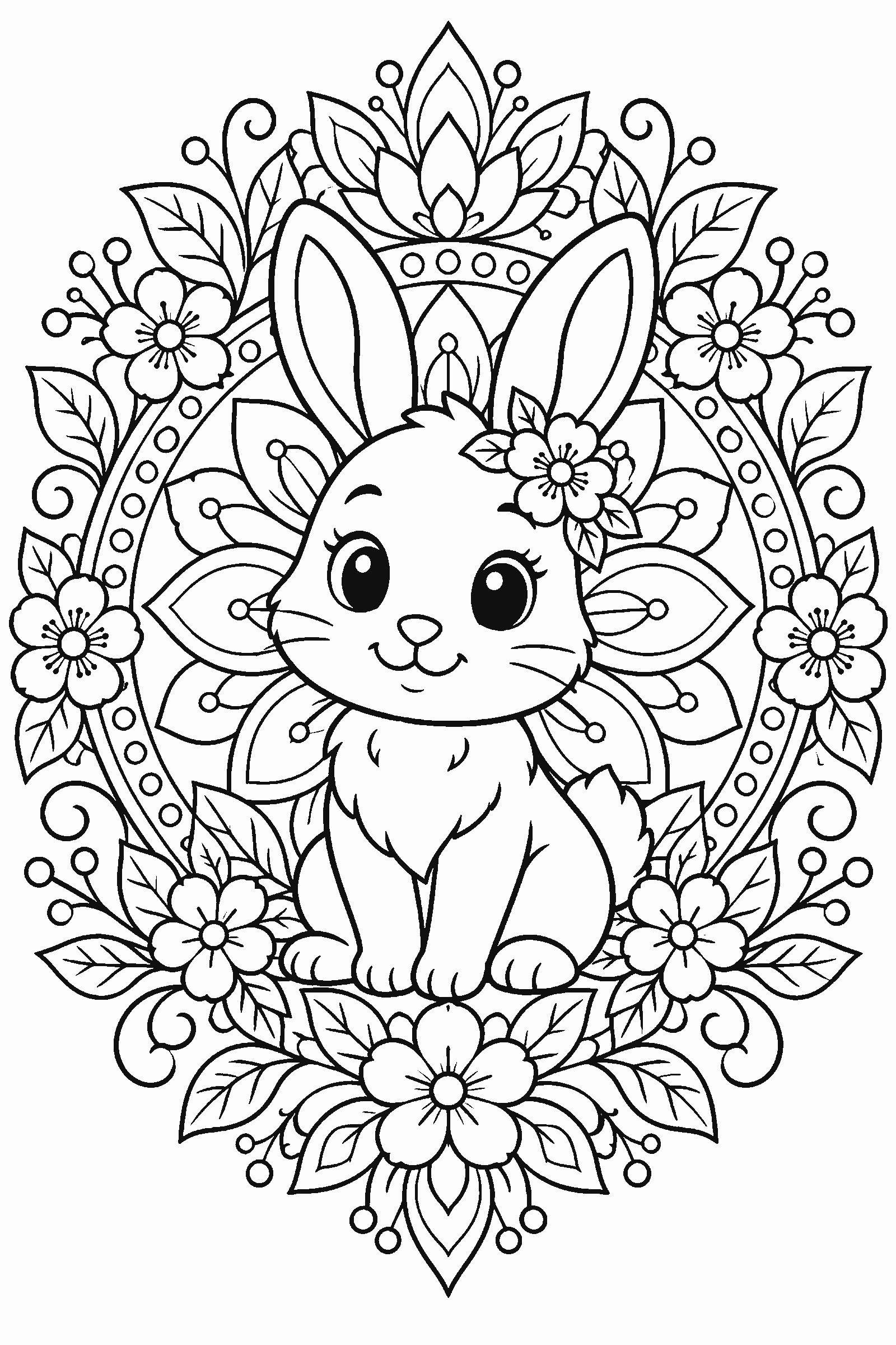 Coloring page of a detailed bunny surrounded by a floral mandala