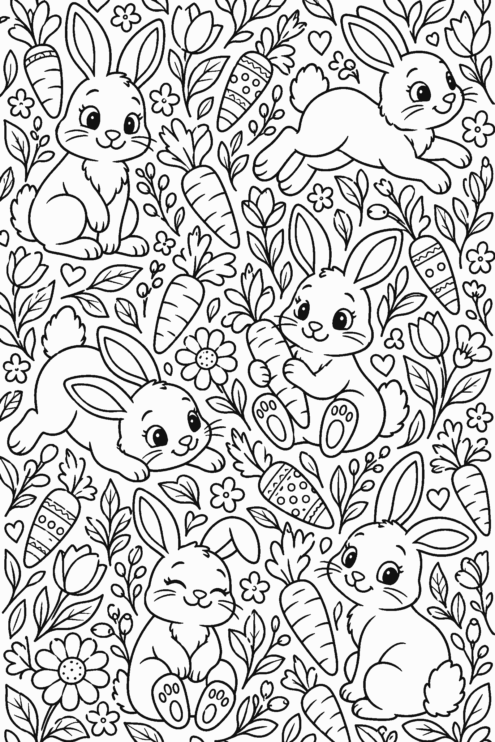 Coloring page of a full-page pattern of bunnies, carrots and flowers