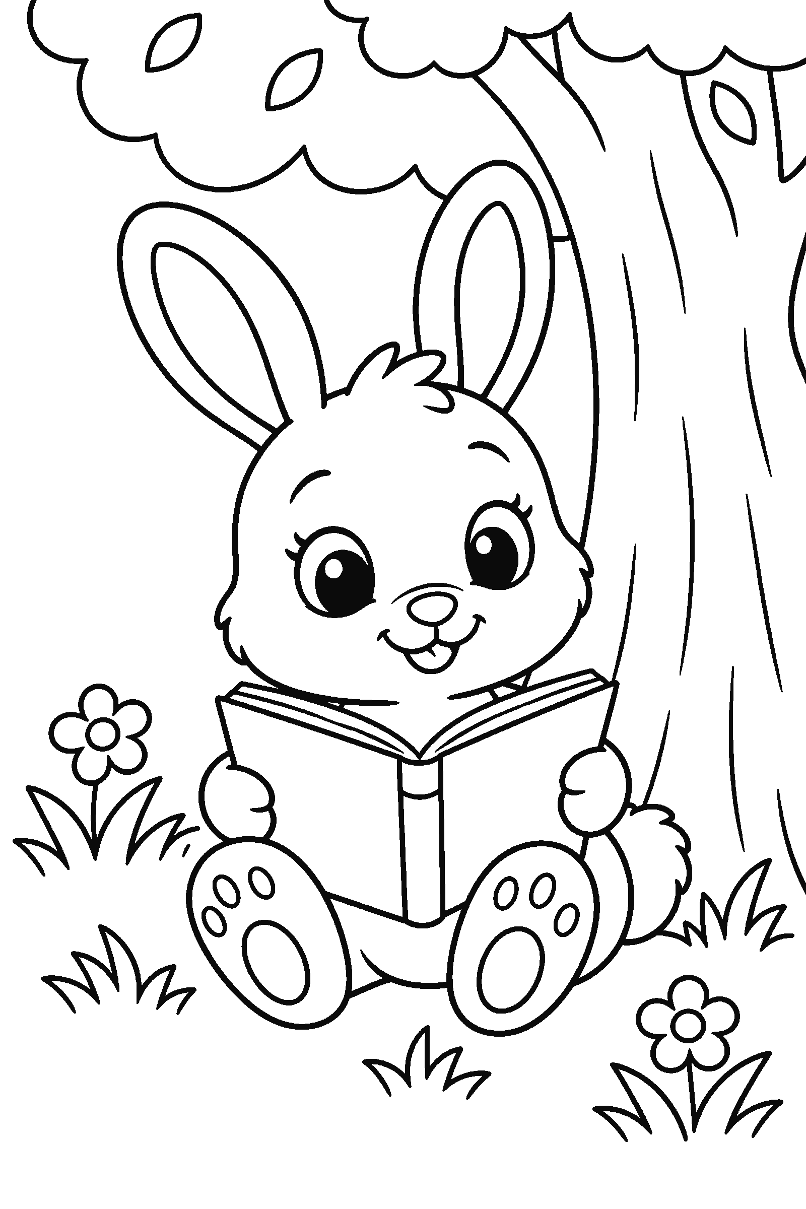 Coloring page of a bunny reading a book under a tree