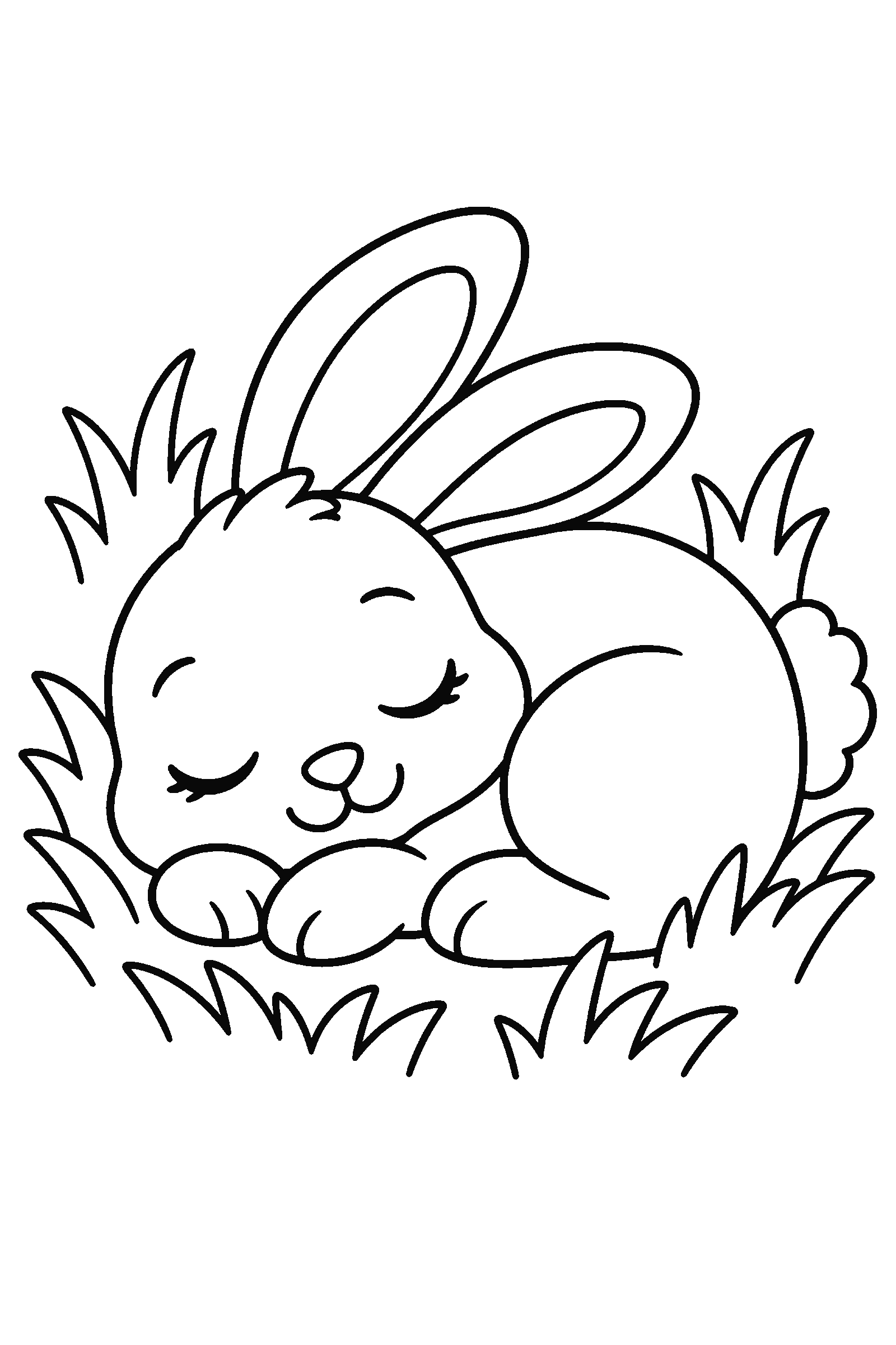 Coloring page of a bunny sleeping curled up in grass