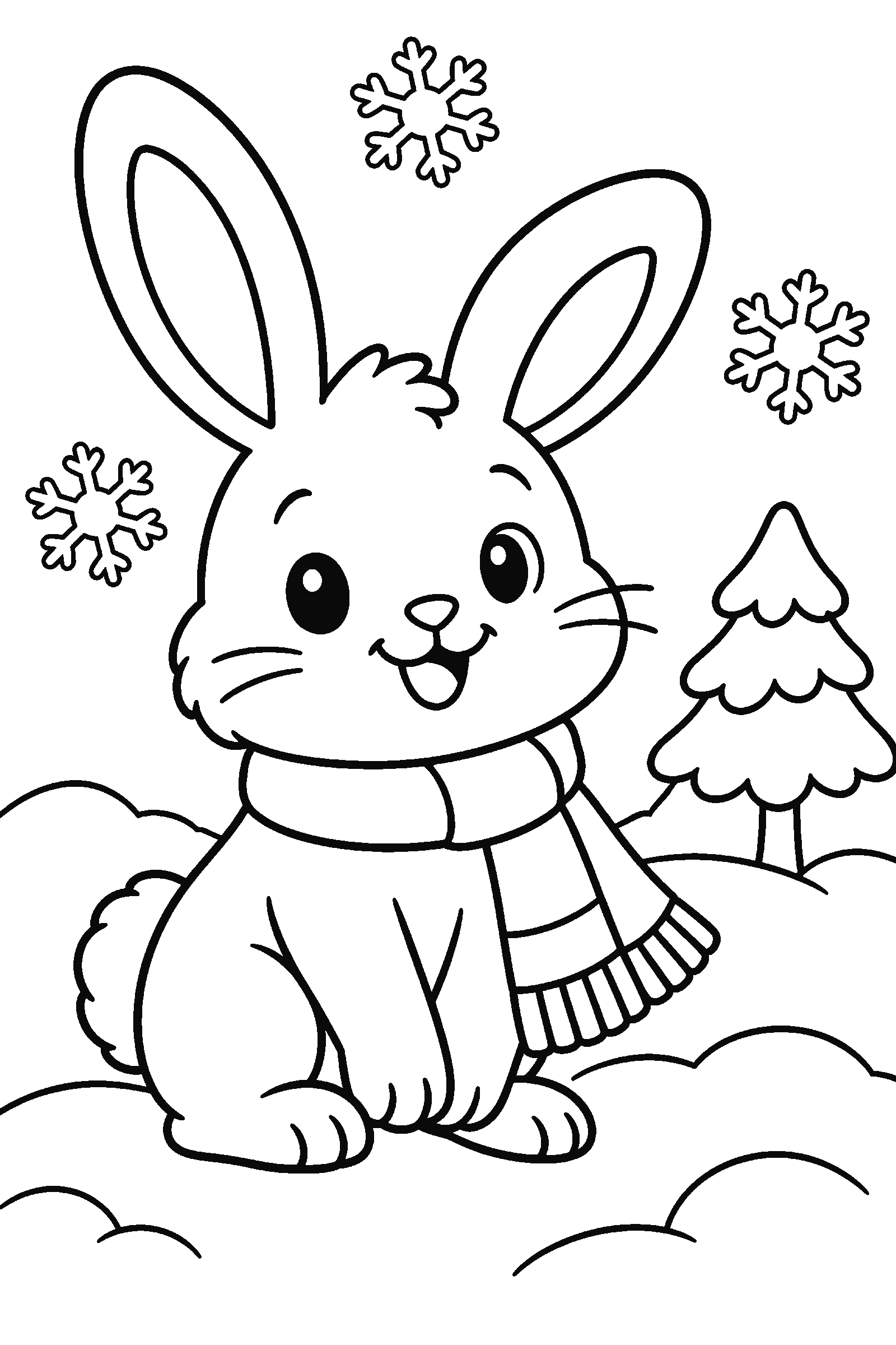 Coloring page of a bunny in the snow