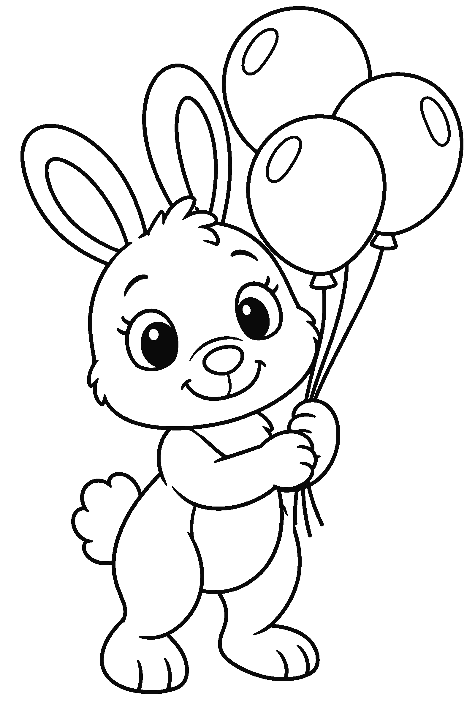 Coloring page of a bunny holding balloons