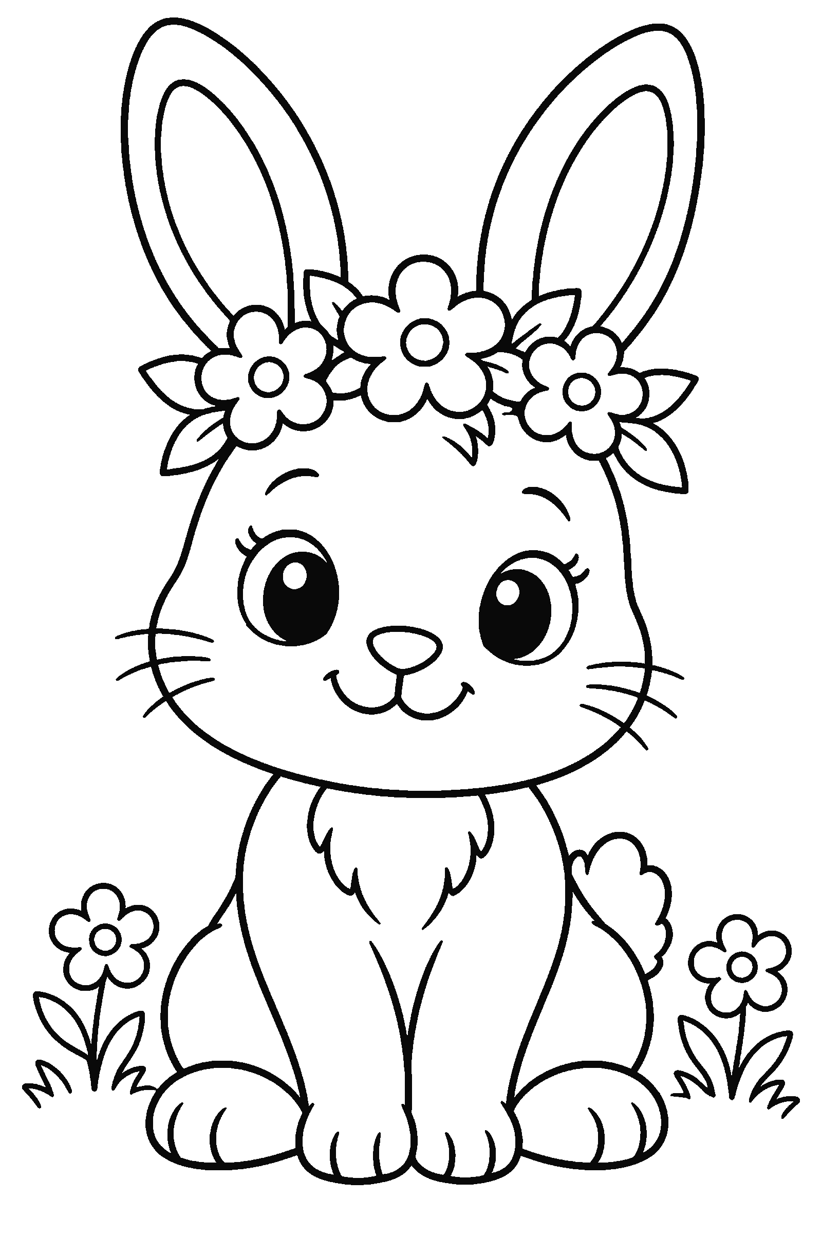 Coloring page of a bunny wearing a flower crown