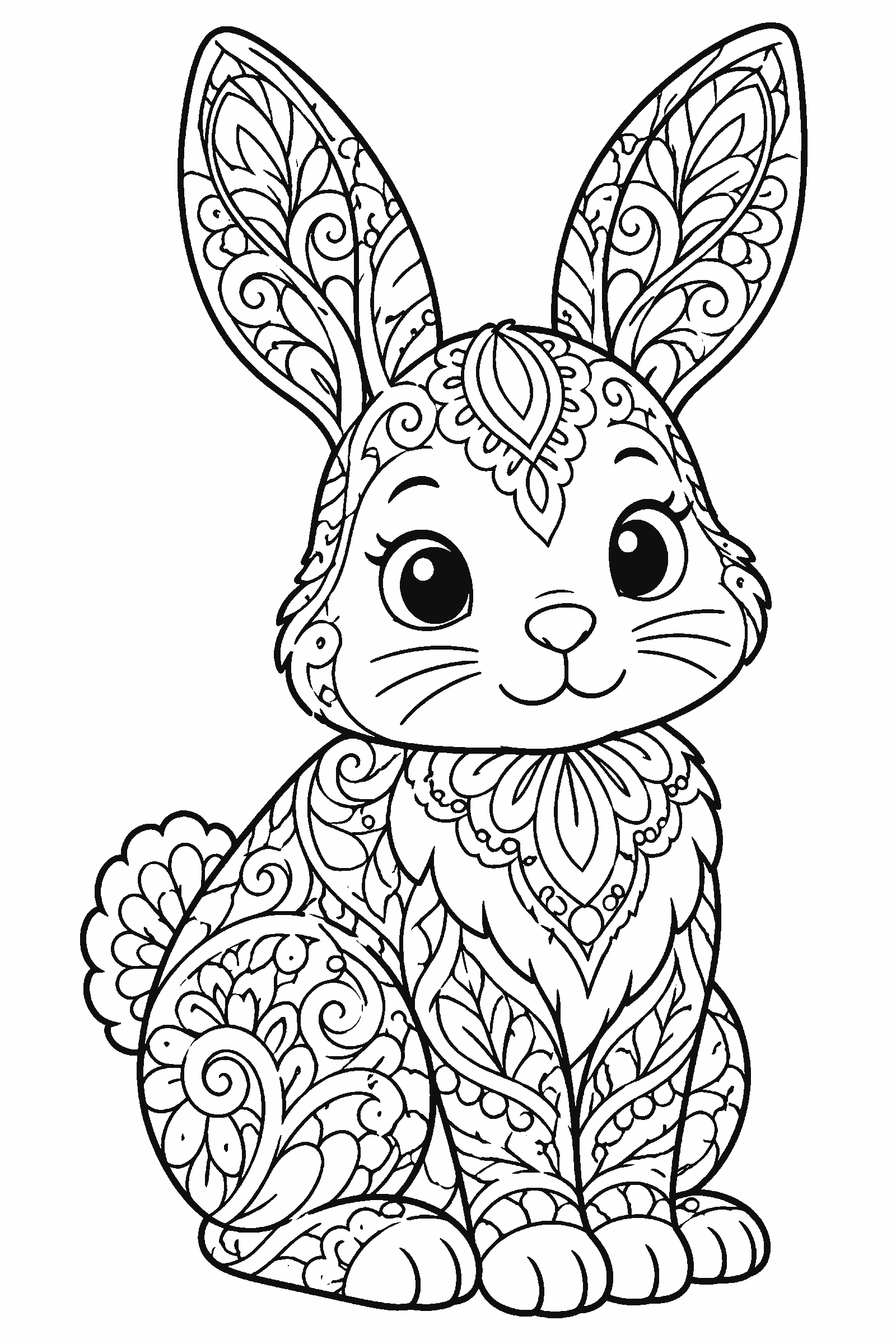 Coloring page of a sitting bunny filled with zentangle patterns
