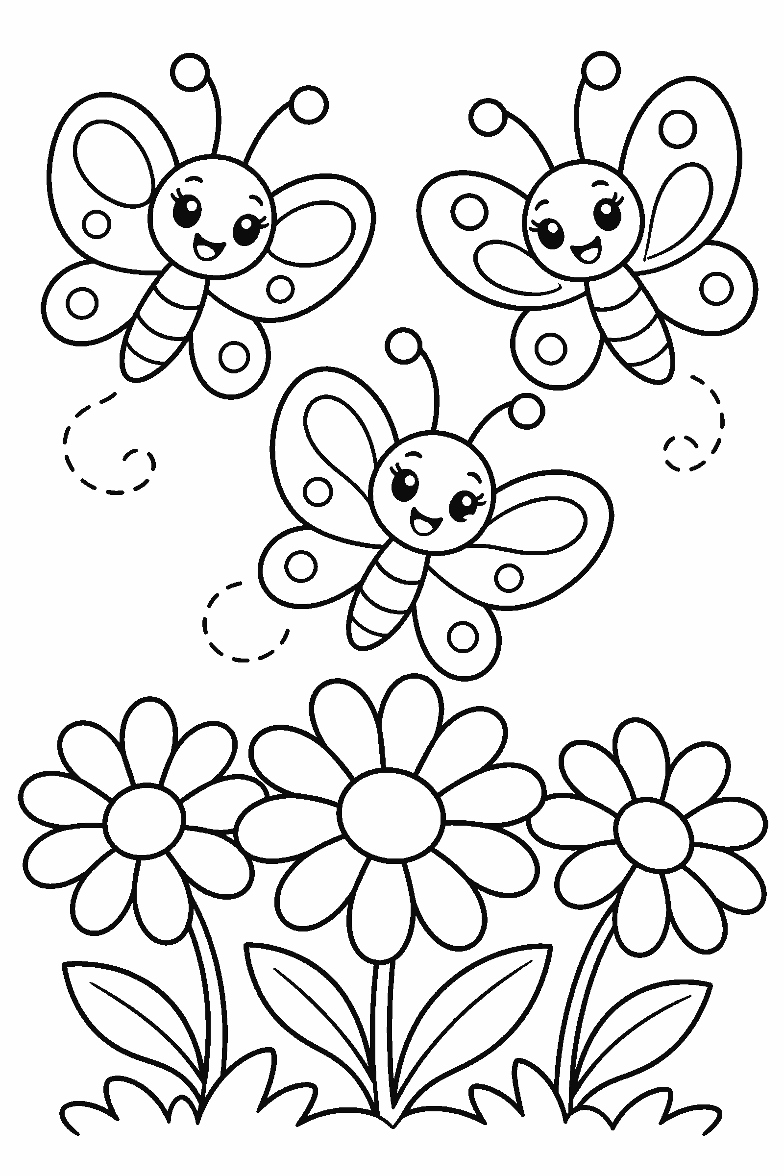 Coloring page of three butterflies flying over daisies