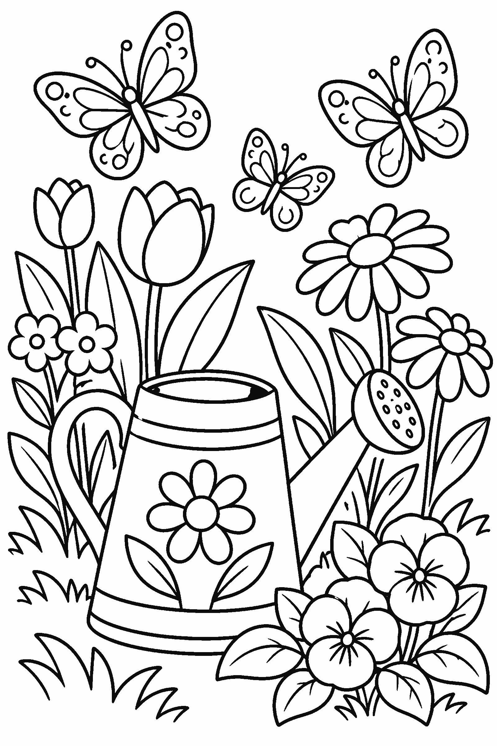 Coloring page of a garden with butterflies, flowers and a watering can