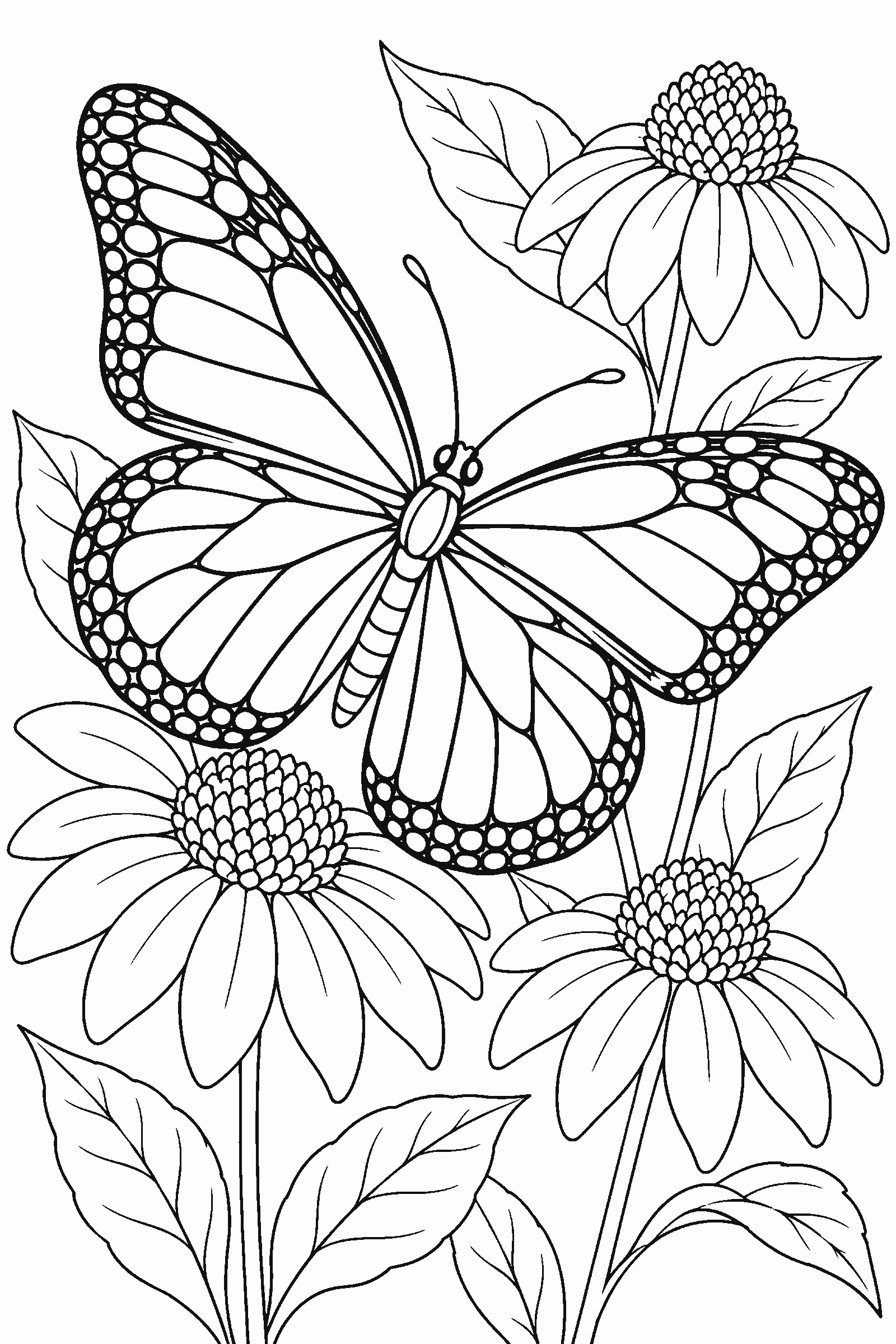 Coloring page of a monarch butterfly with detailed wing pattern