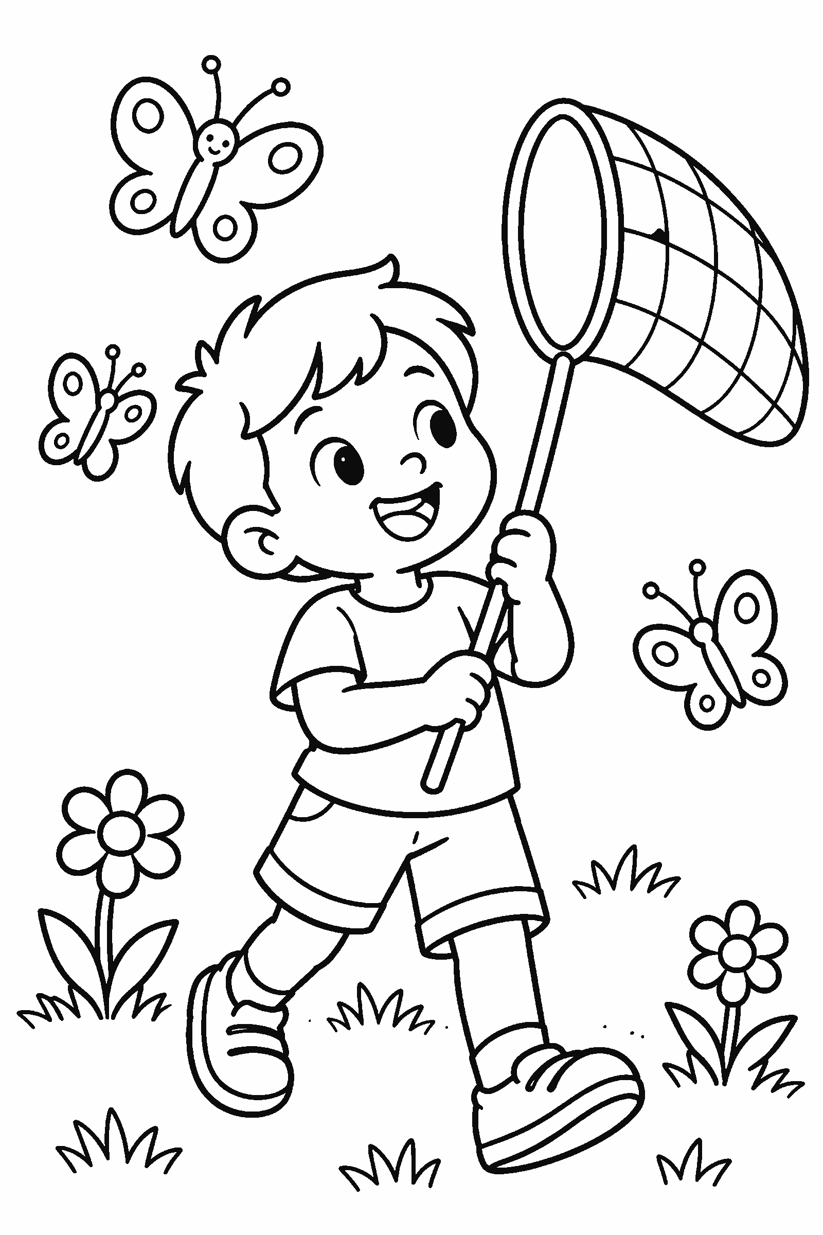 Coloring page of a kid with a butterfly net