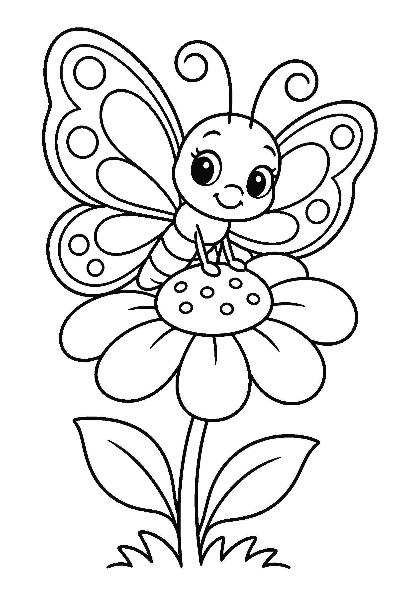 Coloring page of a butterfly resting on a flower