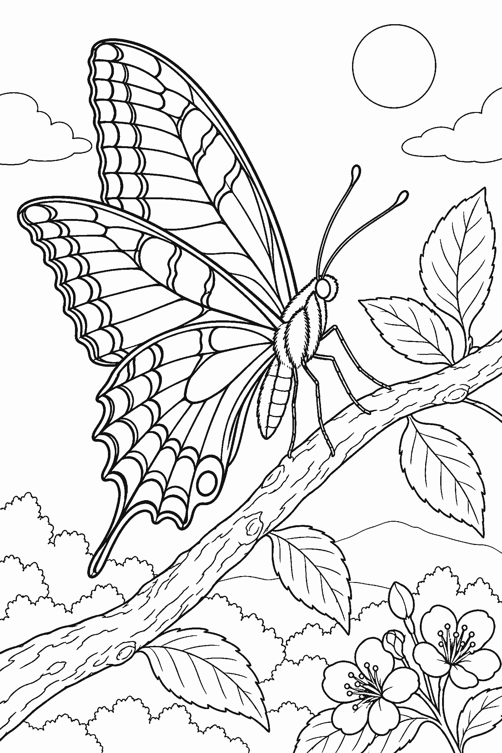Coloring page of a swallowtail butterfly on a branch