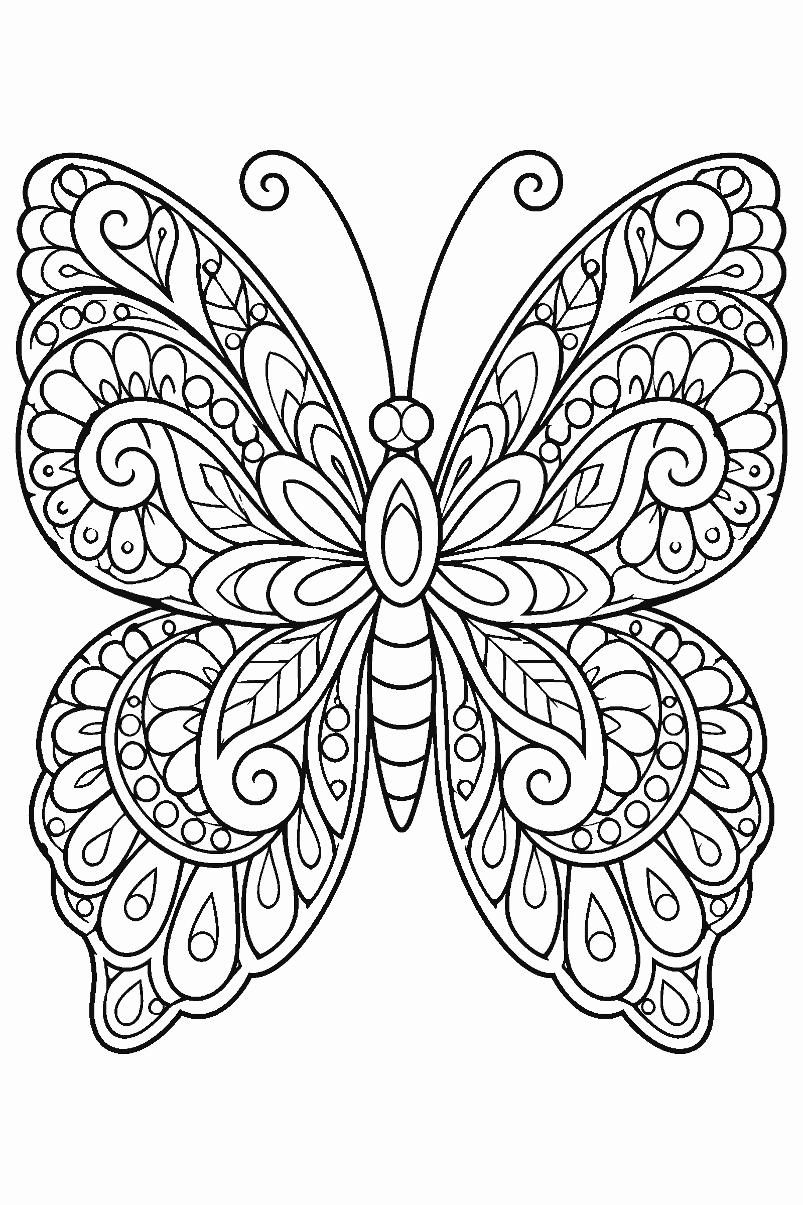 Coloring page of a butterfly filled with zentangle patterns