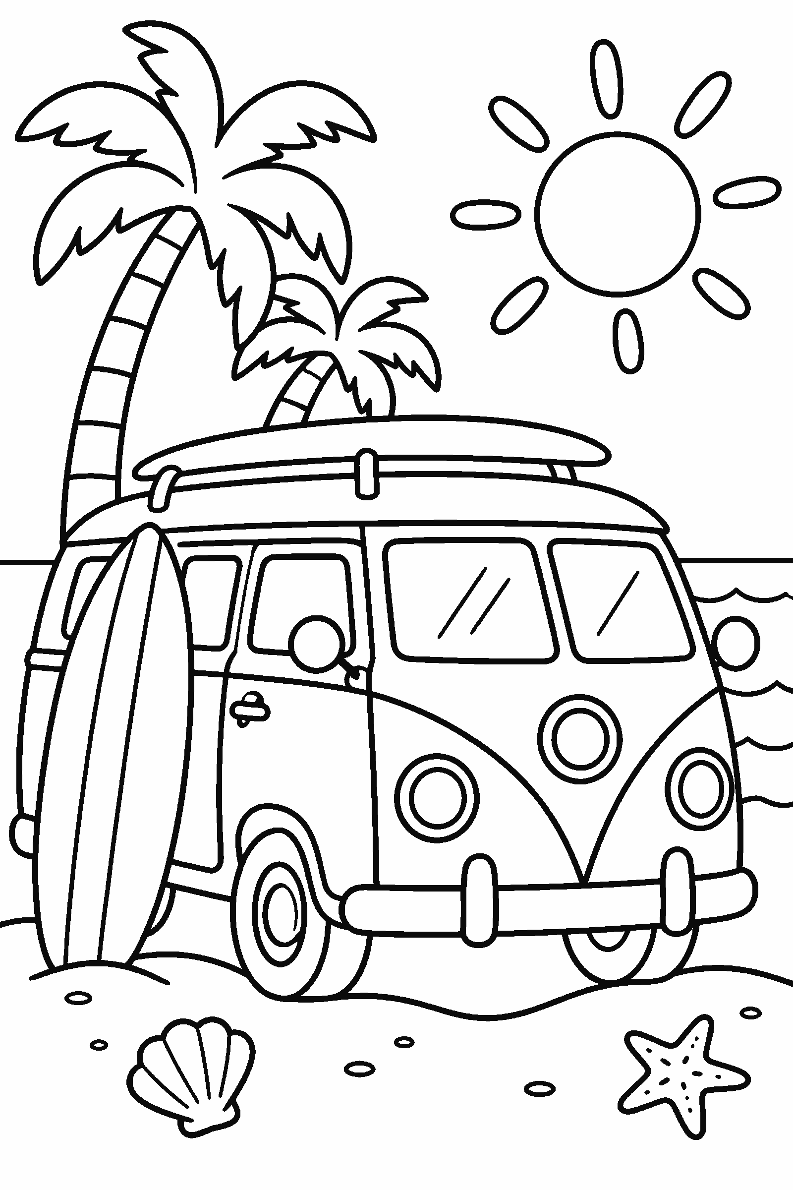 Coloring page of a camper van at the beach with a surfboard, palm trees and a sun