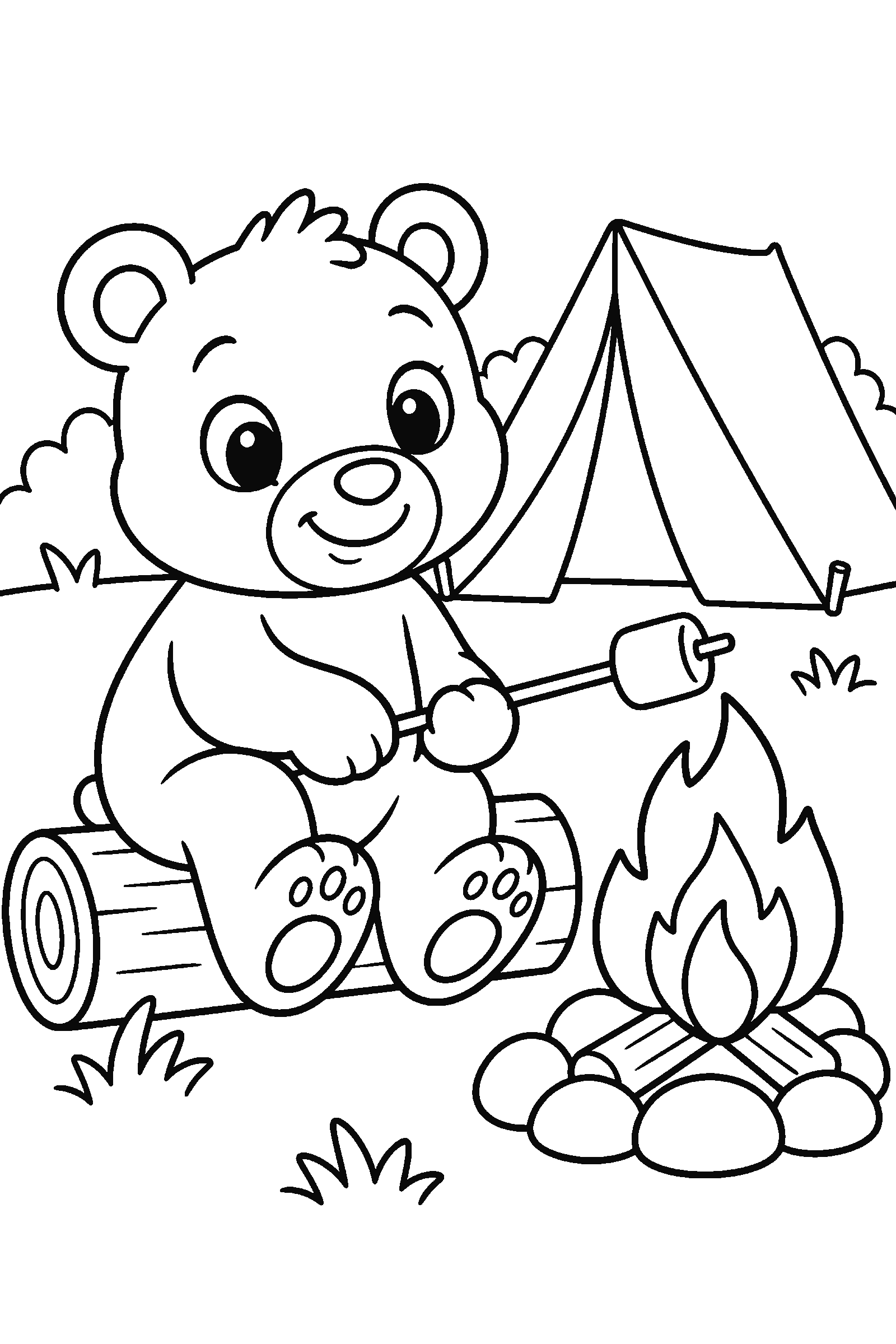 Coloring page of a cute bear camping next to a tent roasting a marshmallow