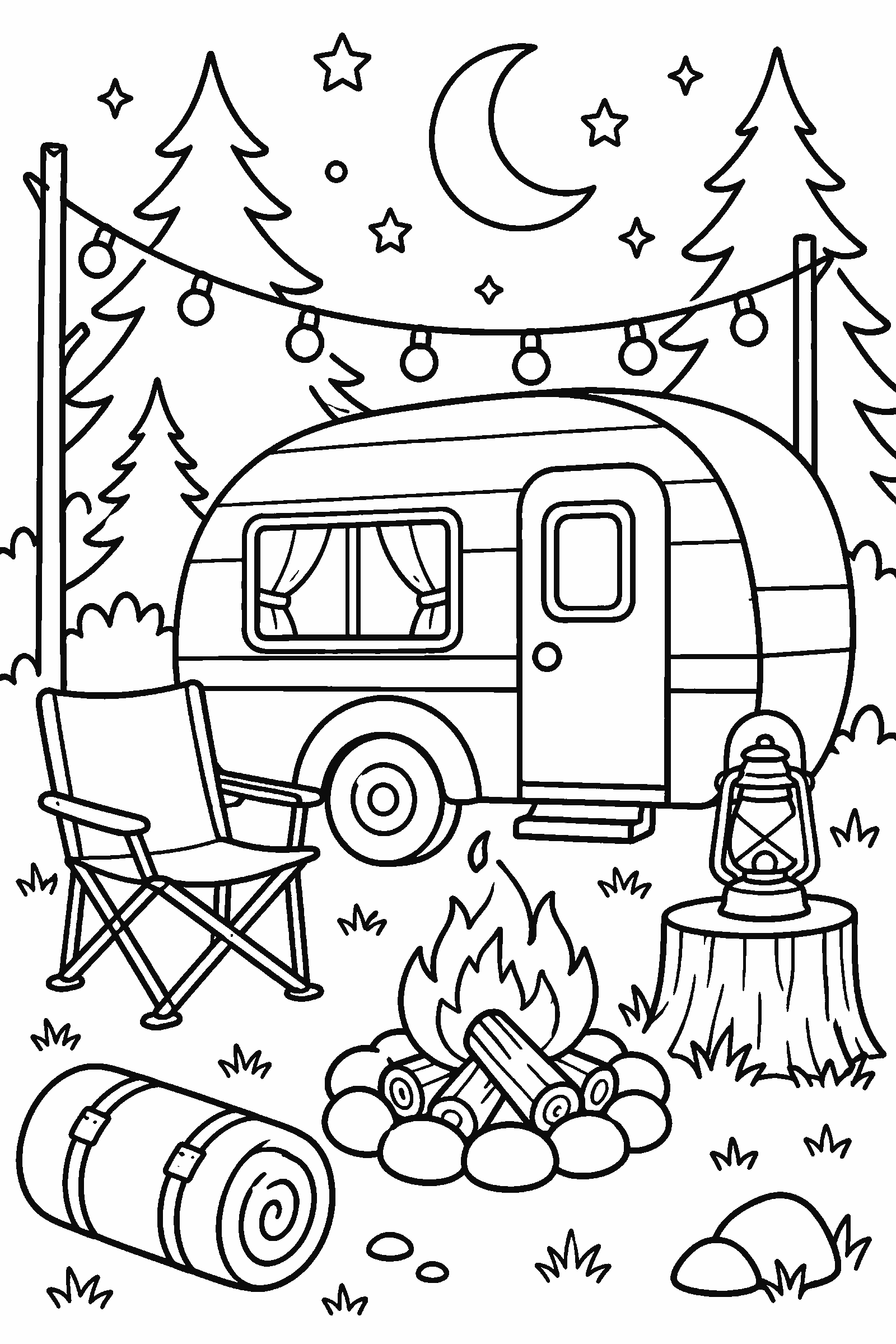Coloring page of a campsite at night with a camper, lantern, string lights and the moon