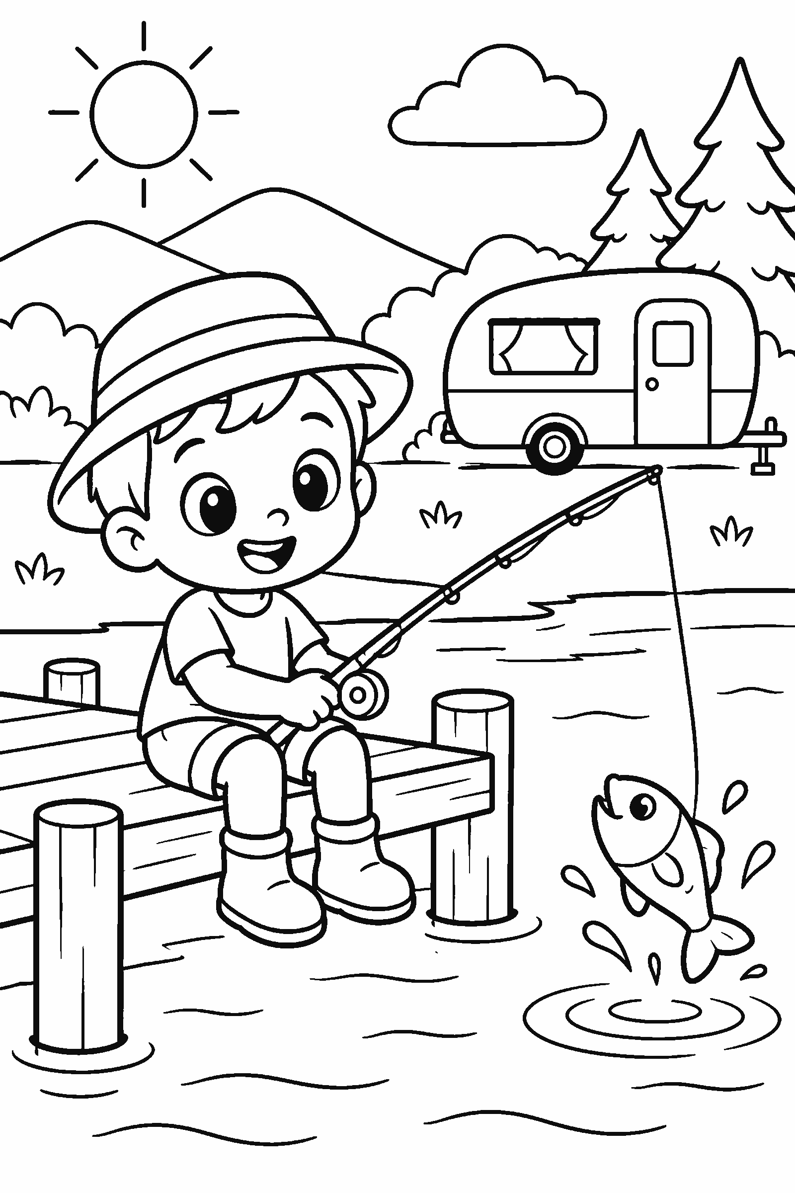 Coloring page of a kid fishing on a wooden dock by a lake with a camper behind
