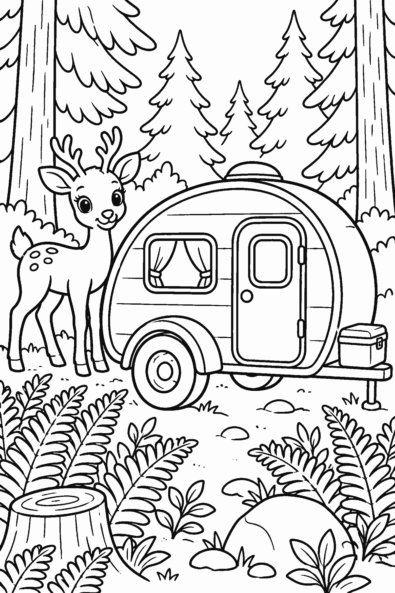 Coloring page of a teardrop camper trailer in a forest with ferns and a deer