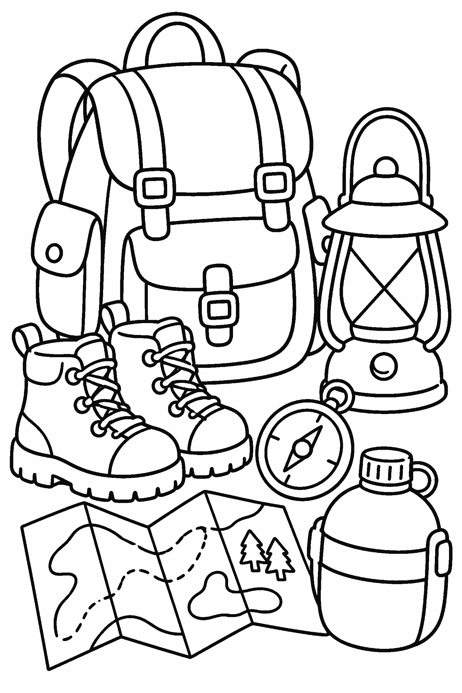 Coloring page of camping gear: backpack, boots, lantern, compass, map and a canteen