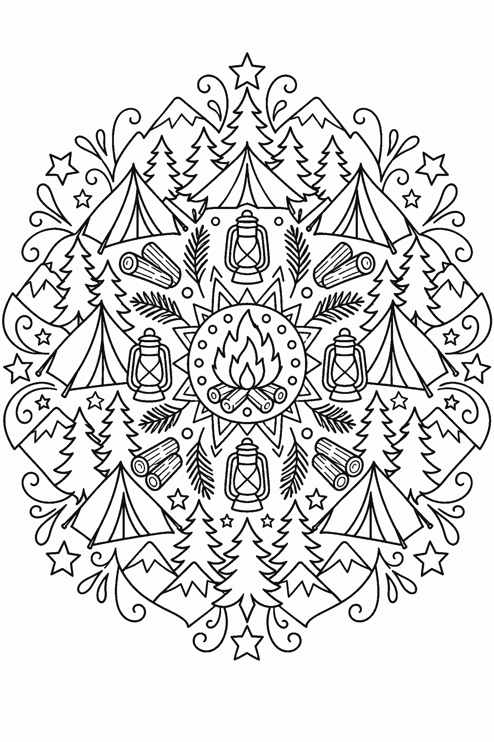 Detailed camping mandala coloring page with tents, pine trees, campfires and mountains