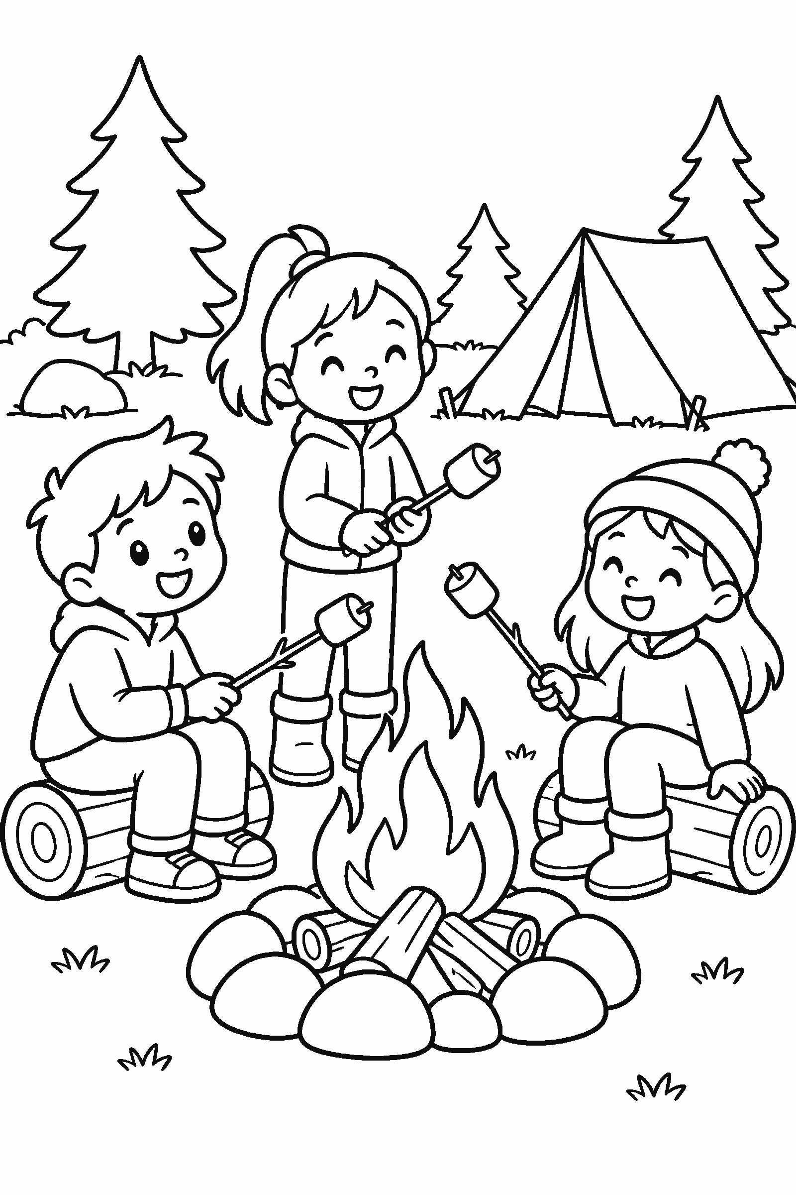Coloring page of kids toasting marshmallows by a campfire