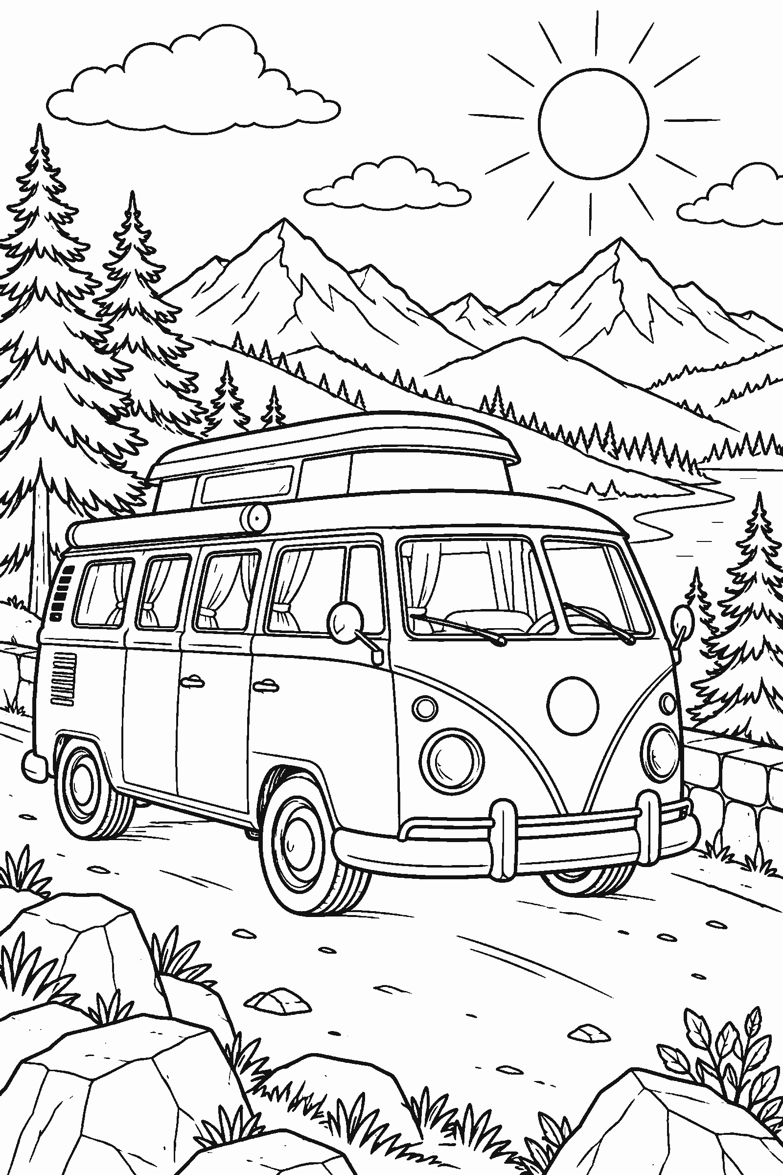 Coloring page of a camper van in the mountains