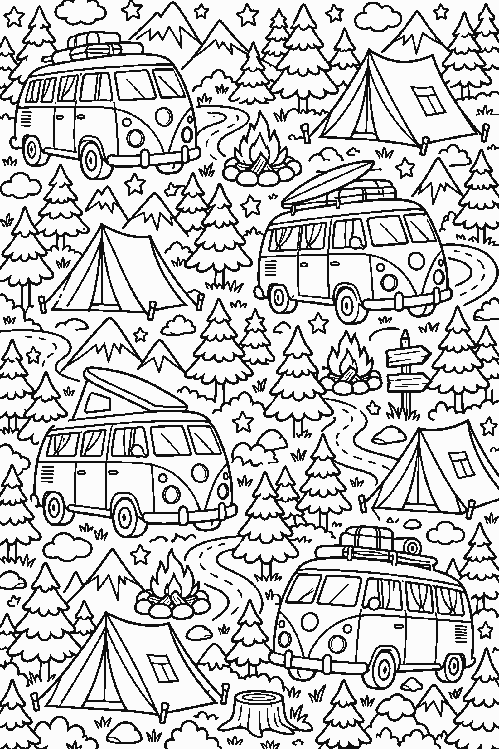 Full-page coloring pattern of camper vans, tents, pine trees, mountains and stars