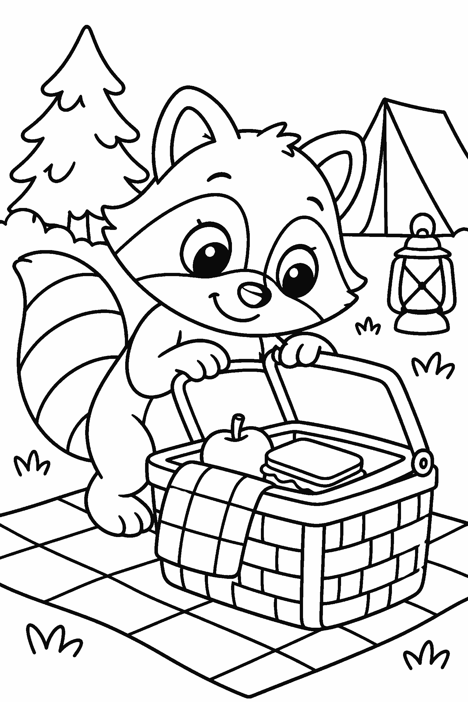 Coloring page of a cute raccoon peeking into a picnic basket at a campsite