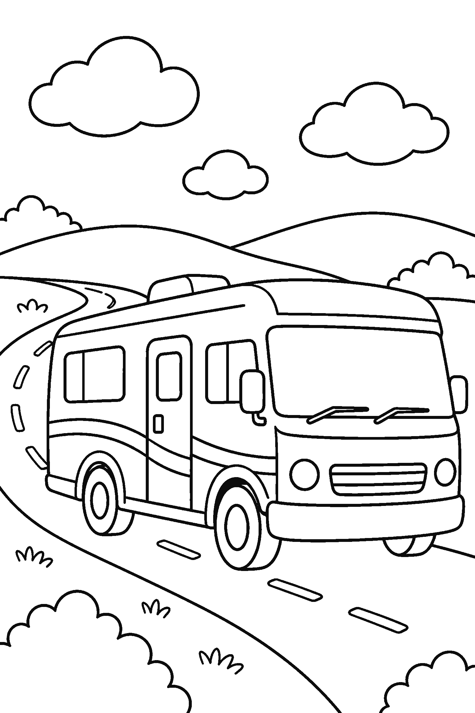 Coloring page of a big RV driving on a winding road with hills and clouds