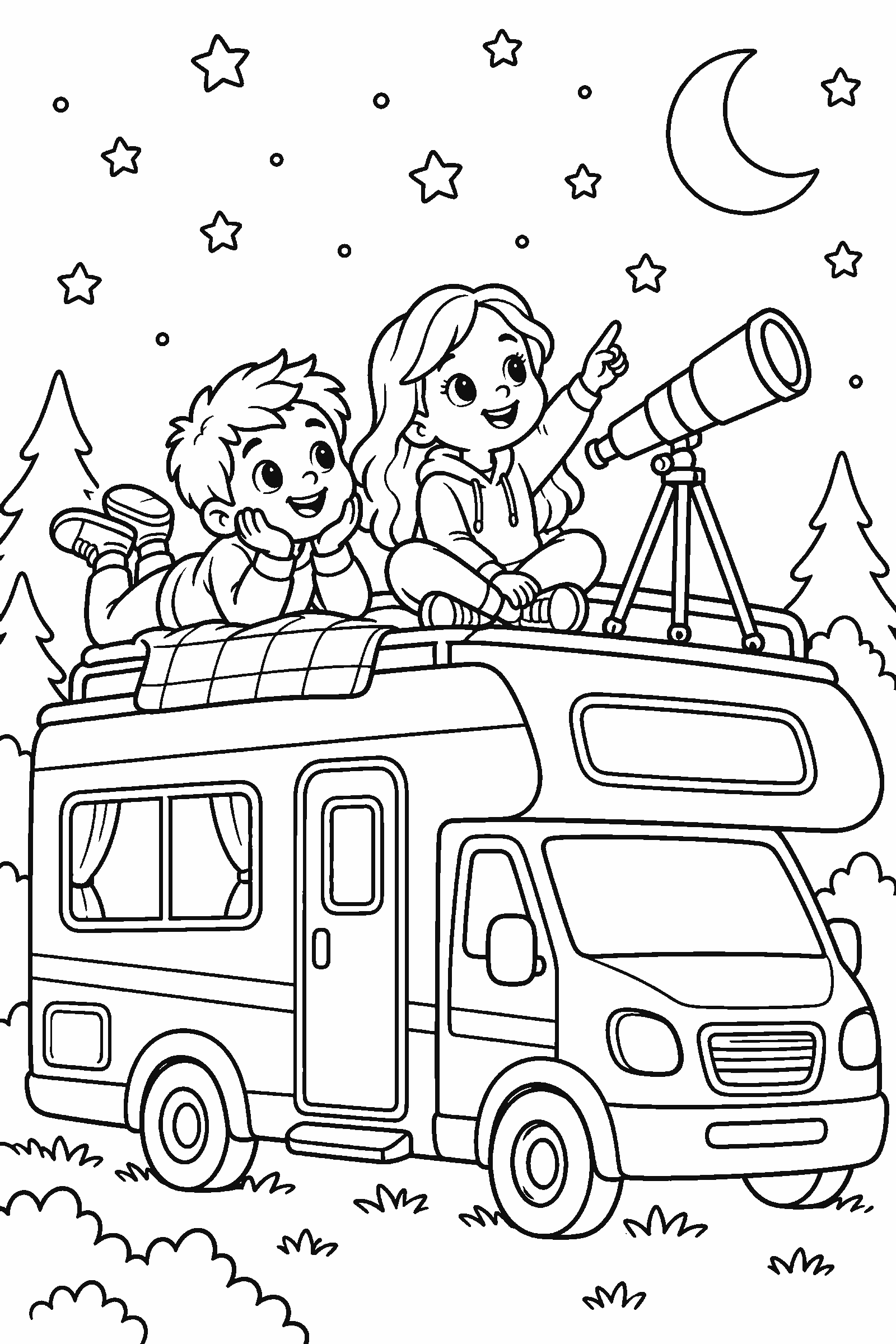 Coloring page of two kids stargazing on the roof of a camper with a telescope