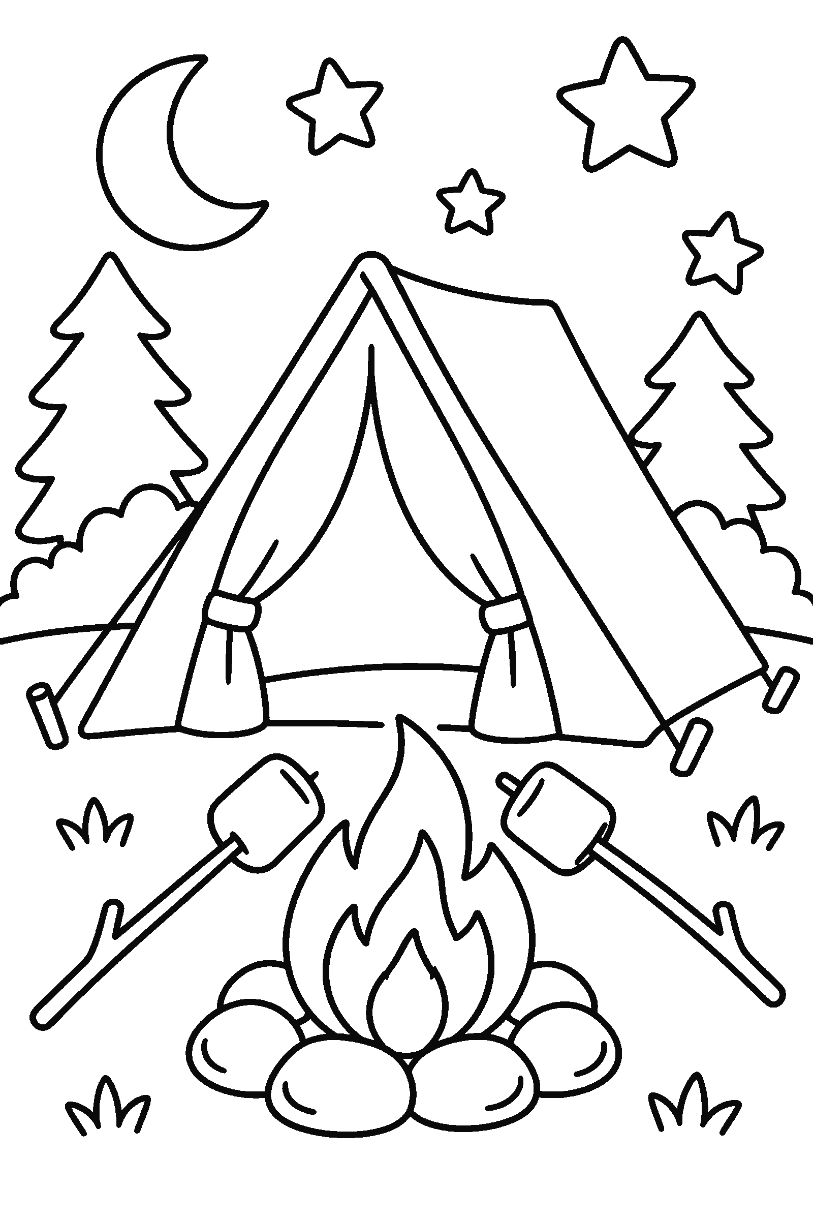 Coloring page of a tent with a campfire, marshmallows on sticks and stars in the sky