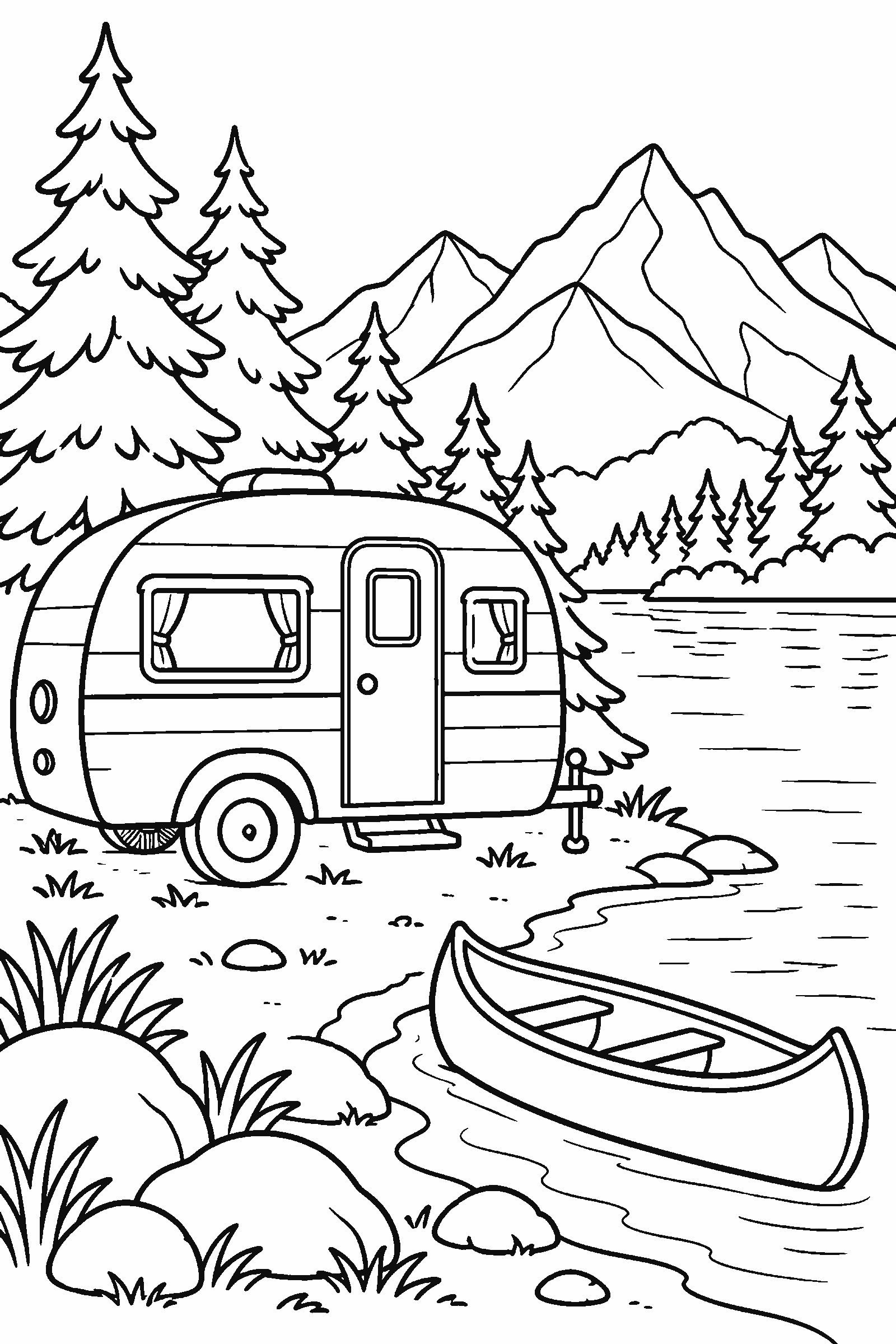 Coloring page of a vintage camper trailer by a lake with a canoe, pine trees and mountains