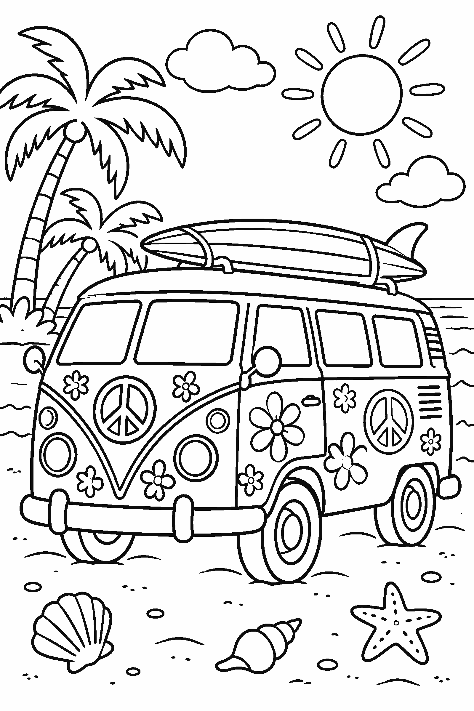Coloring page of a vintage camper van decorated with flowers and peace signs on a beach