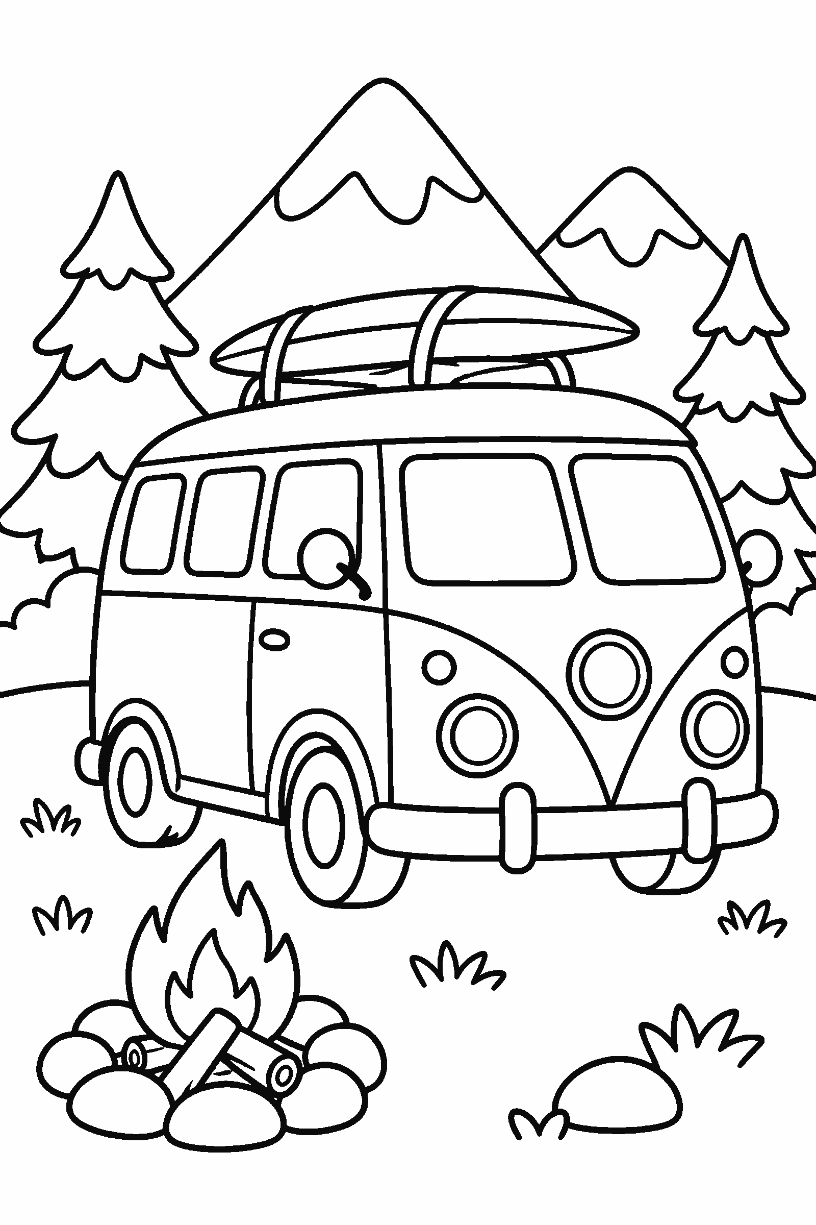 Coloring page of a retro camper van parked by mountains and pine trees with a campfire