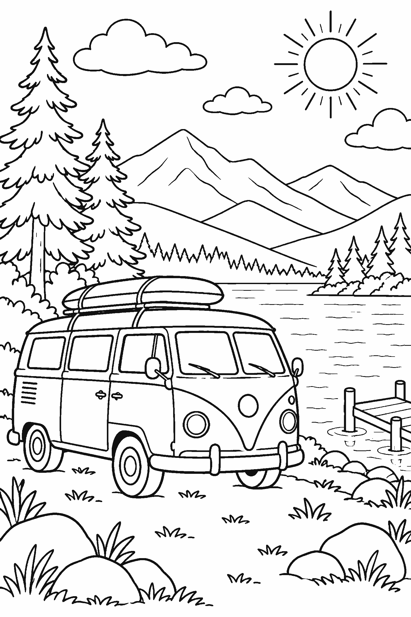 Coloring page of a camper van by a lake