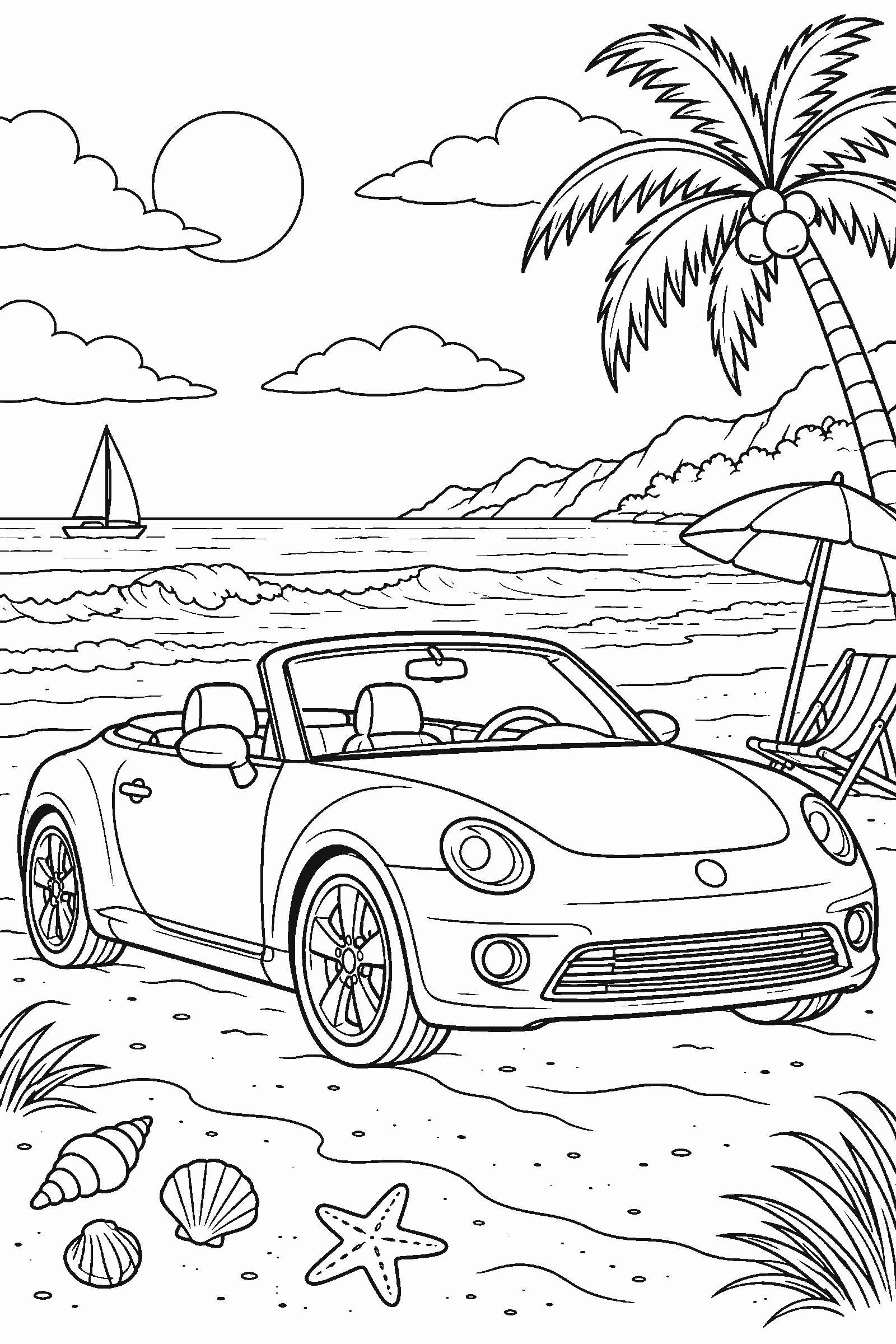 Coloring page of a convertible car at the beach
