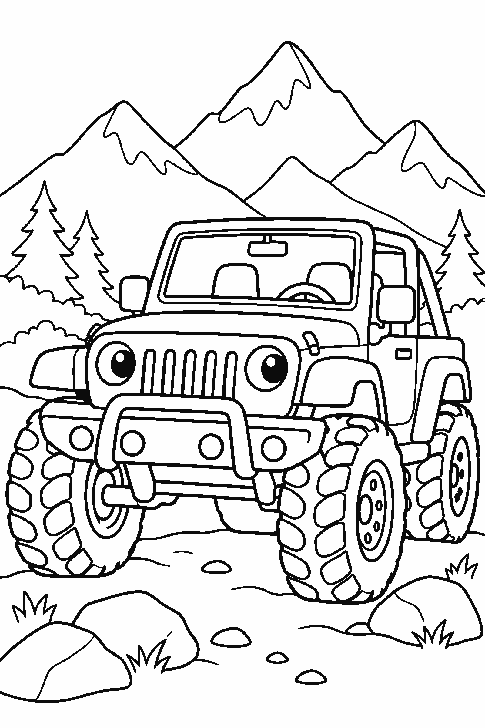 Coloring page of an off-road jeep in the mountains