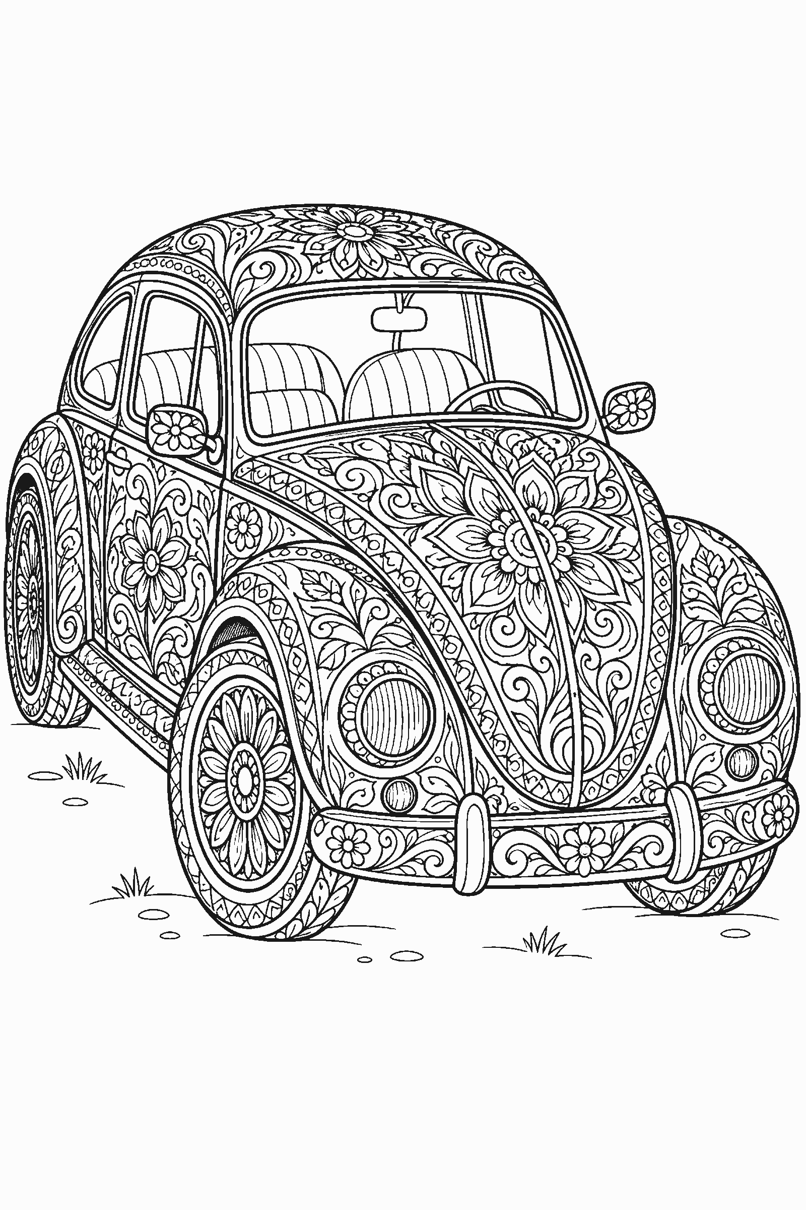 Coloring page of a car with ornamental patterns