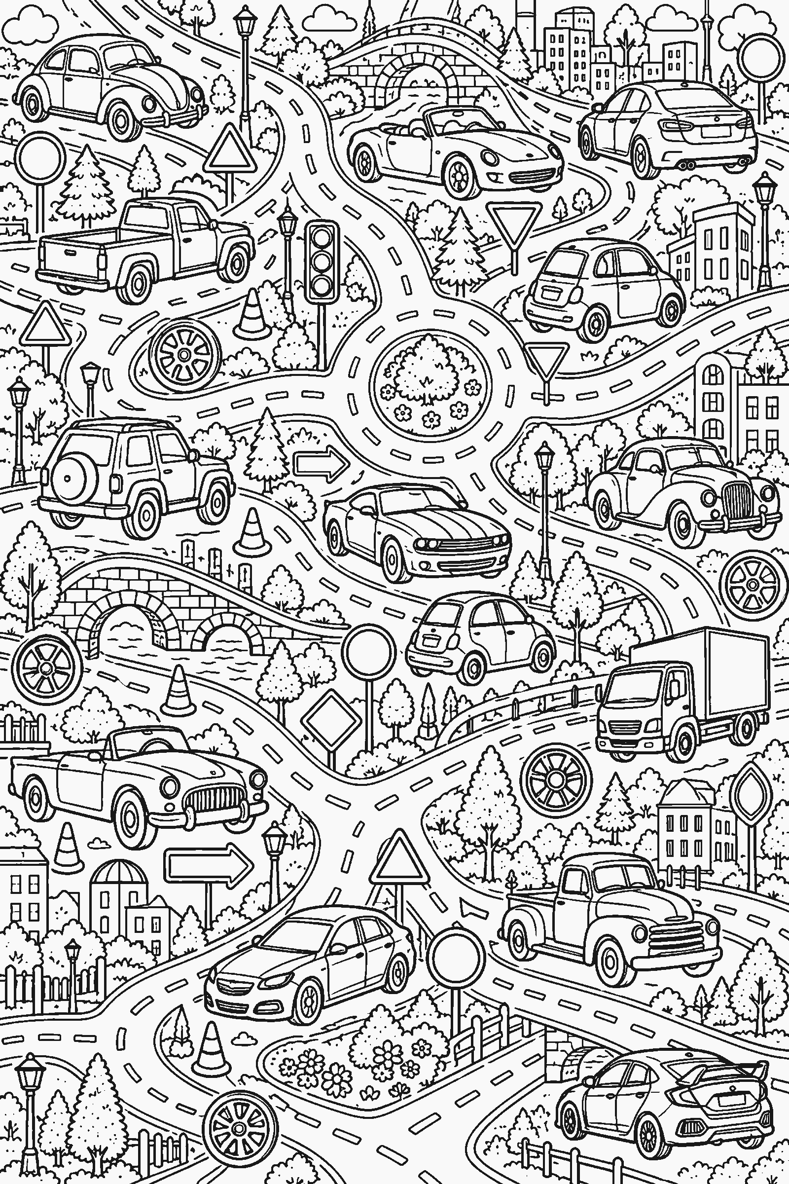 Coloring page of a full-page pattern of cars, roads and traffic signs without letters